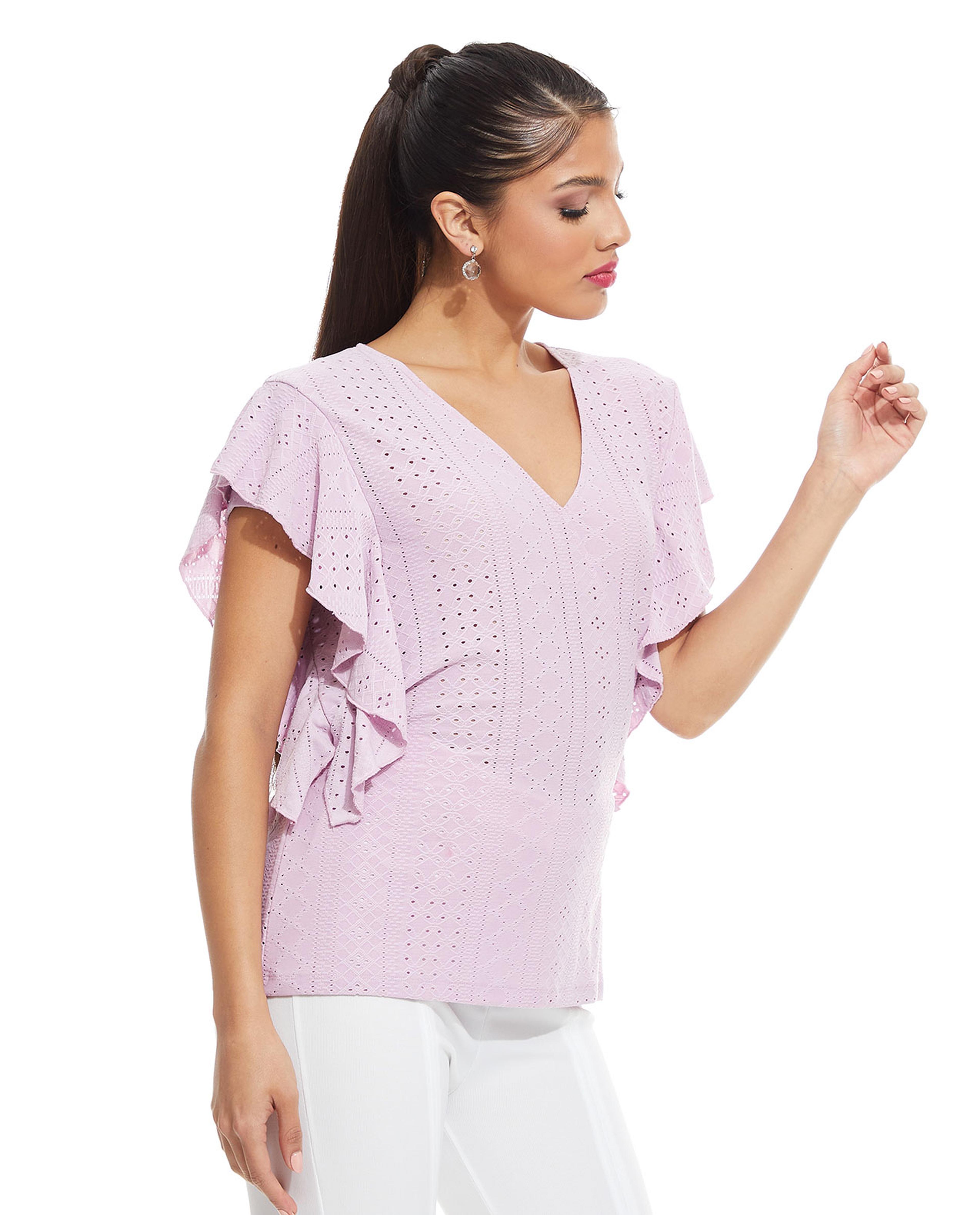 Schiffli Top with V-Neck and Ruffle Sleeves