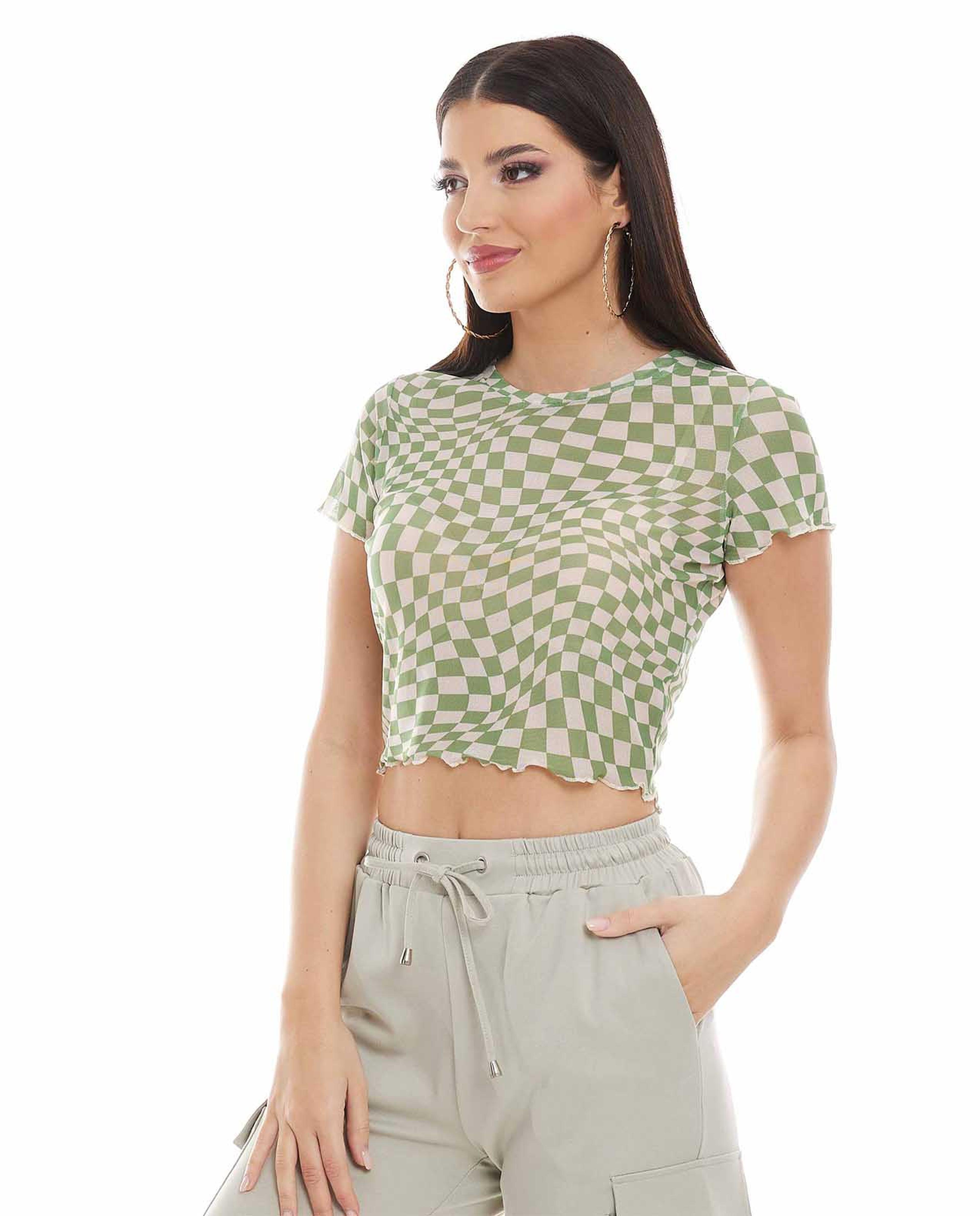 Printed Crop Top Crew Neck and Short Sleeves