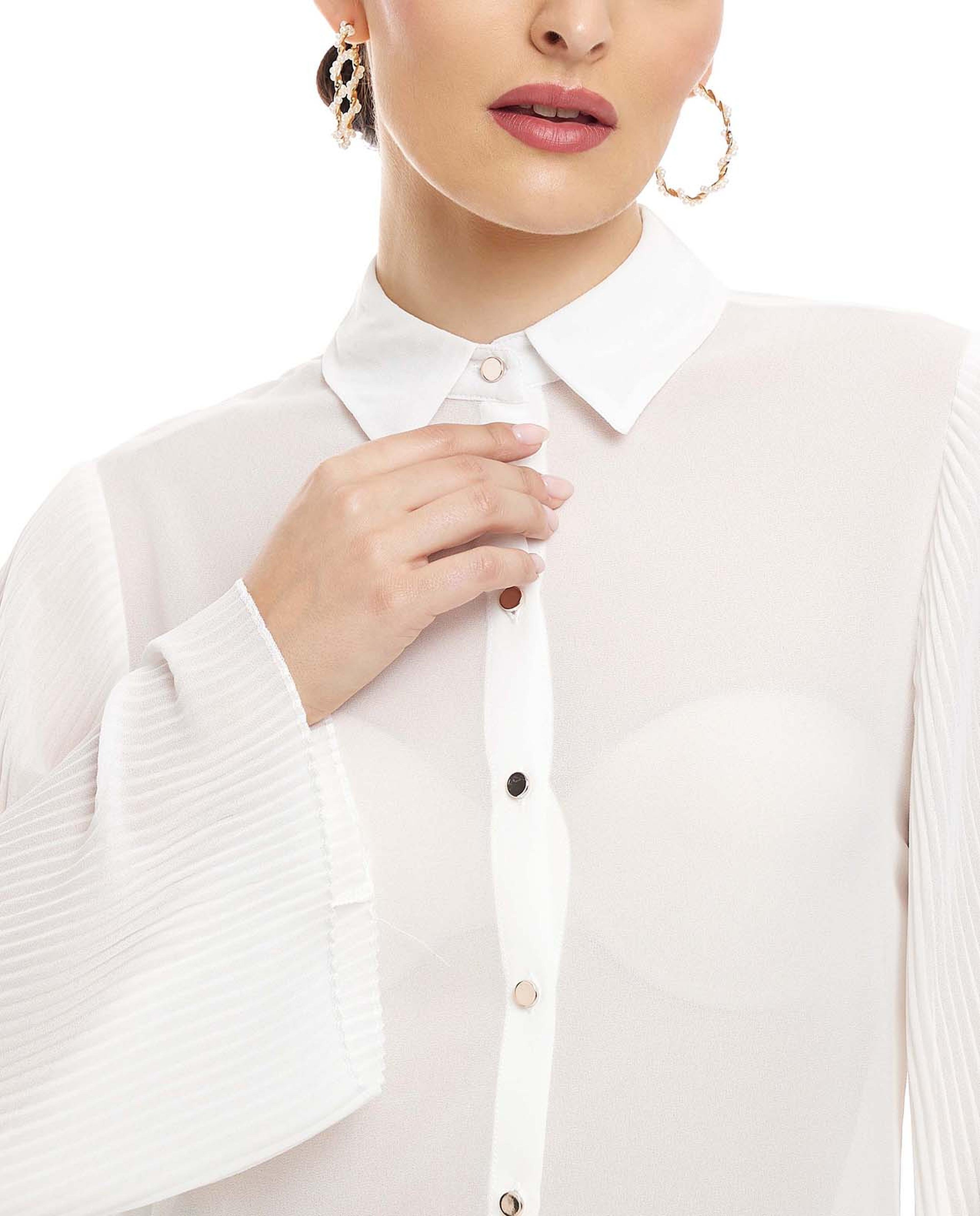 Solid Shirt with Classic Collar and Flared Sleeves