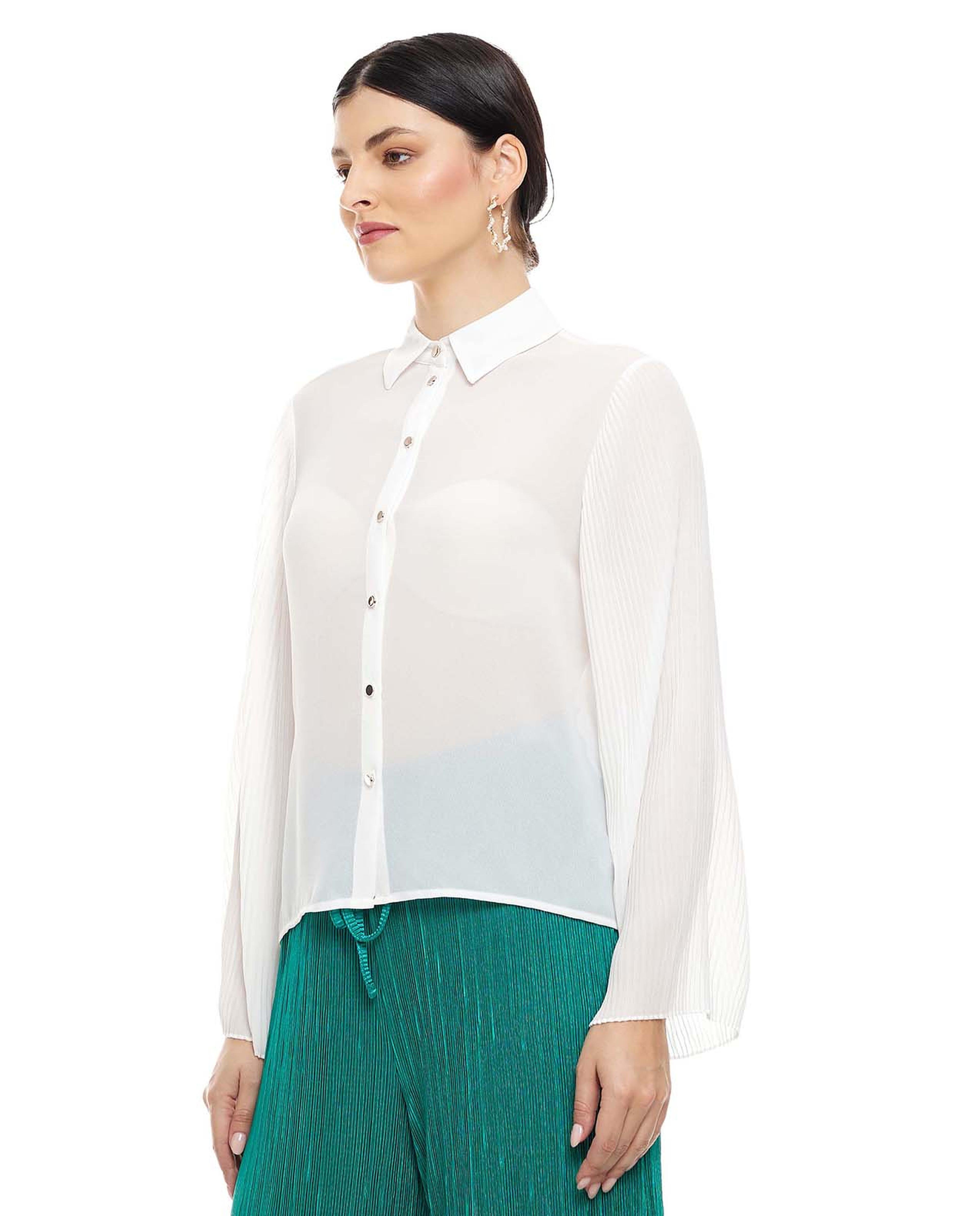 Solid Shirt with Classic Collar and Flared Sleeves