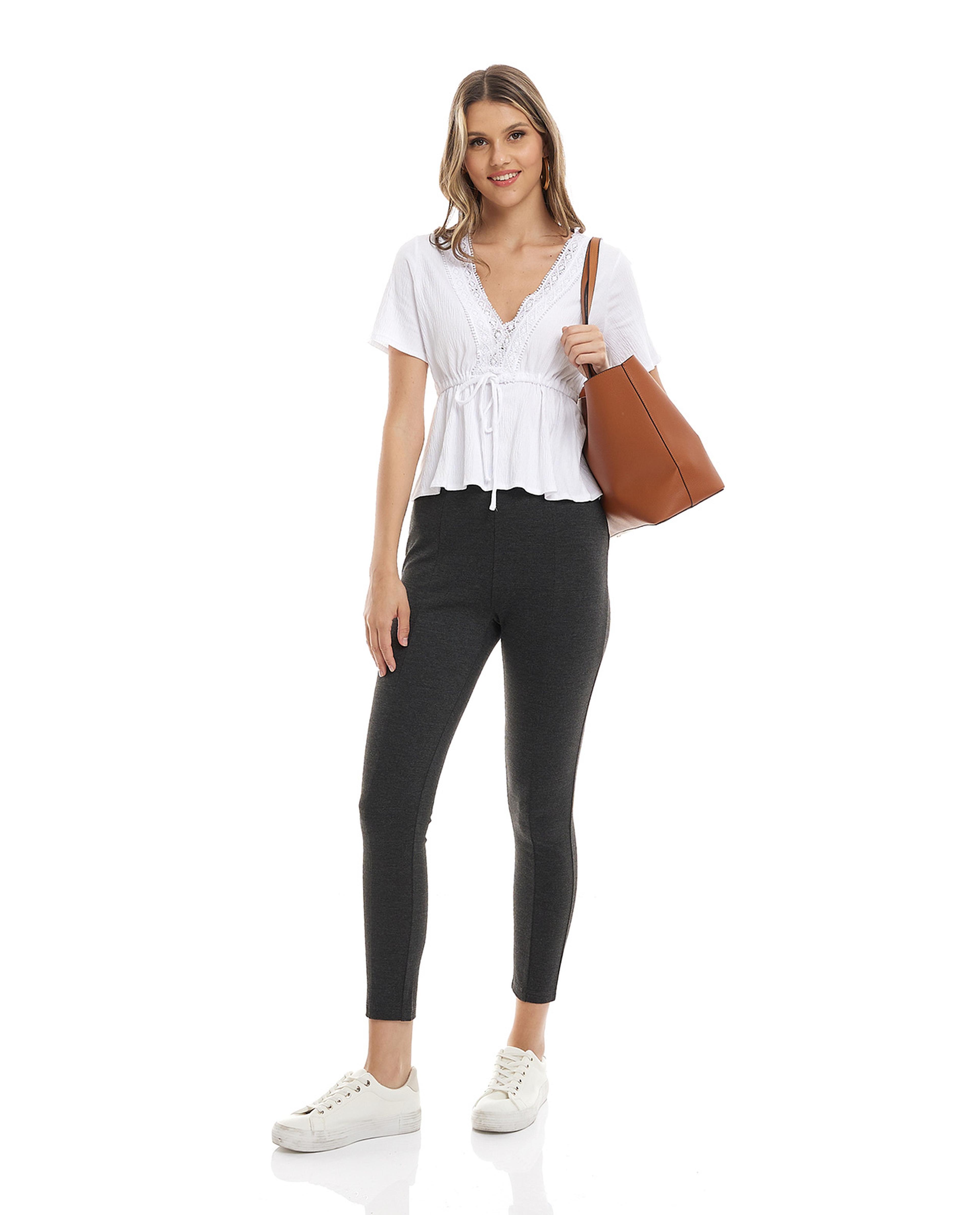 Solid Top with V Neck and Short Sleeves