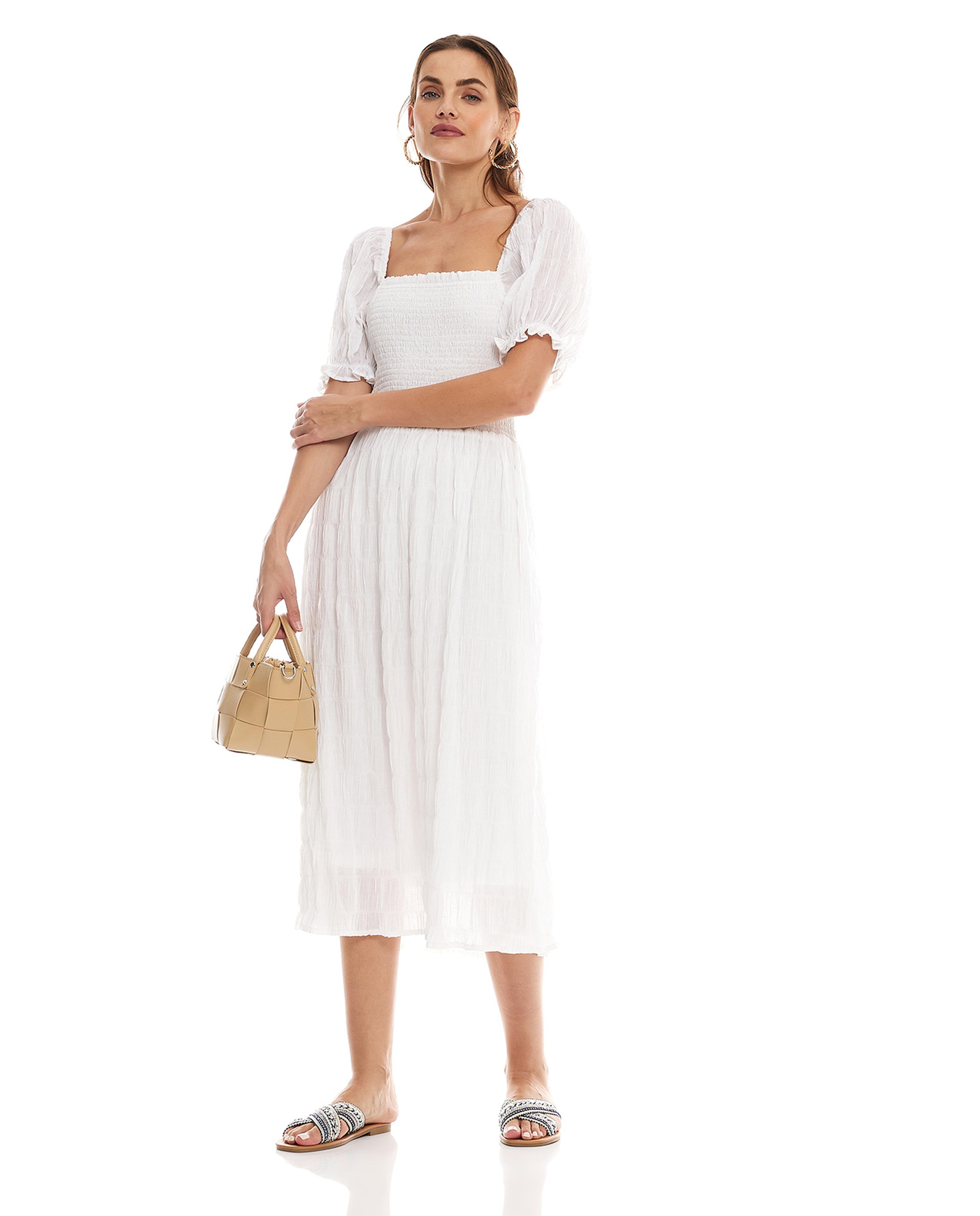Solid Smocking Midi Dress with Puff Sleeves