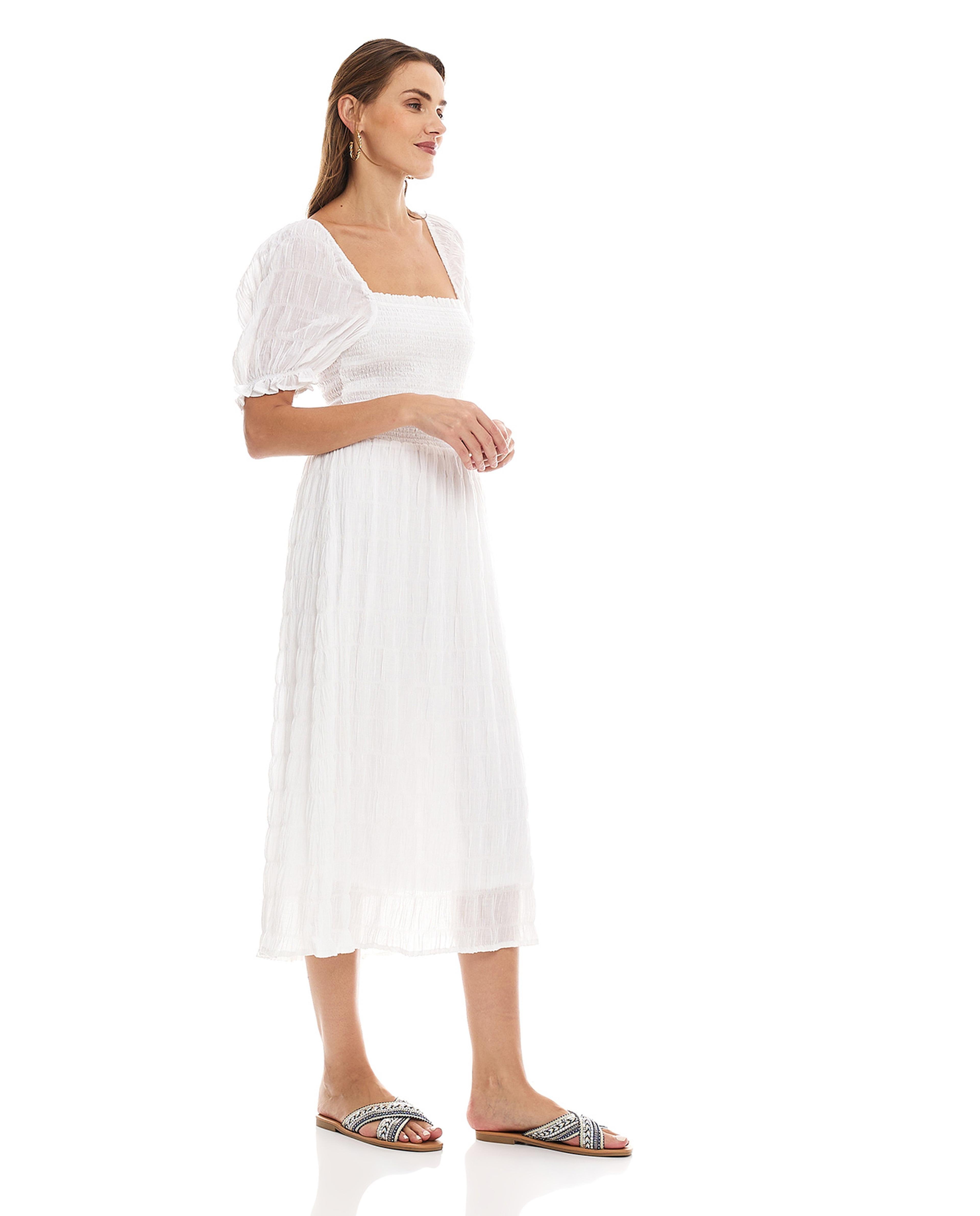 Solid Smocking Midi Dress with Puff Sleeves