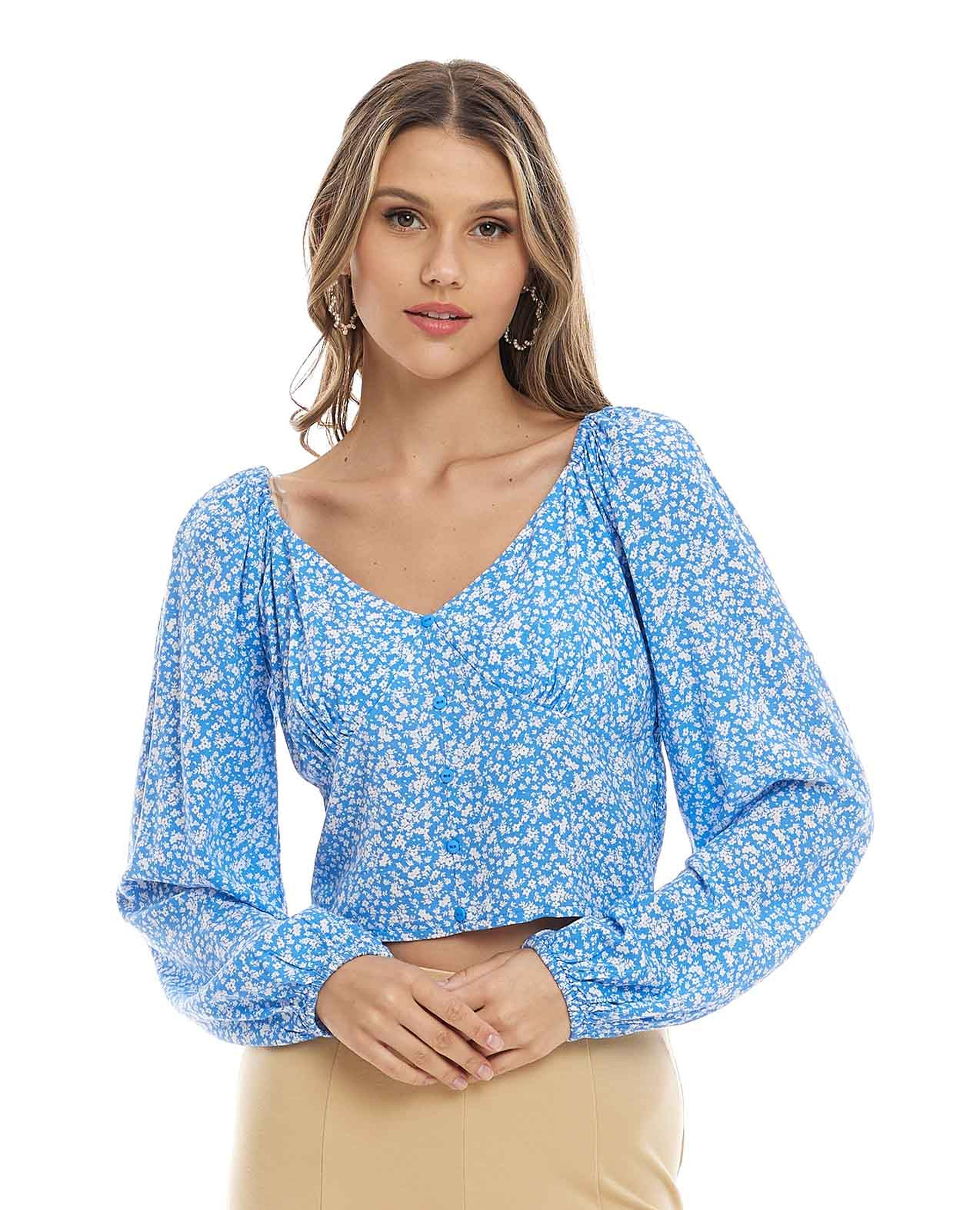 Printed Top with V Neck and Long Sleeves