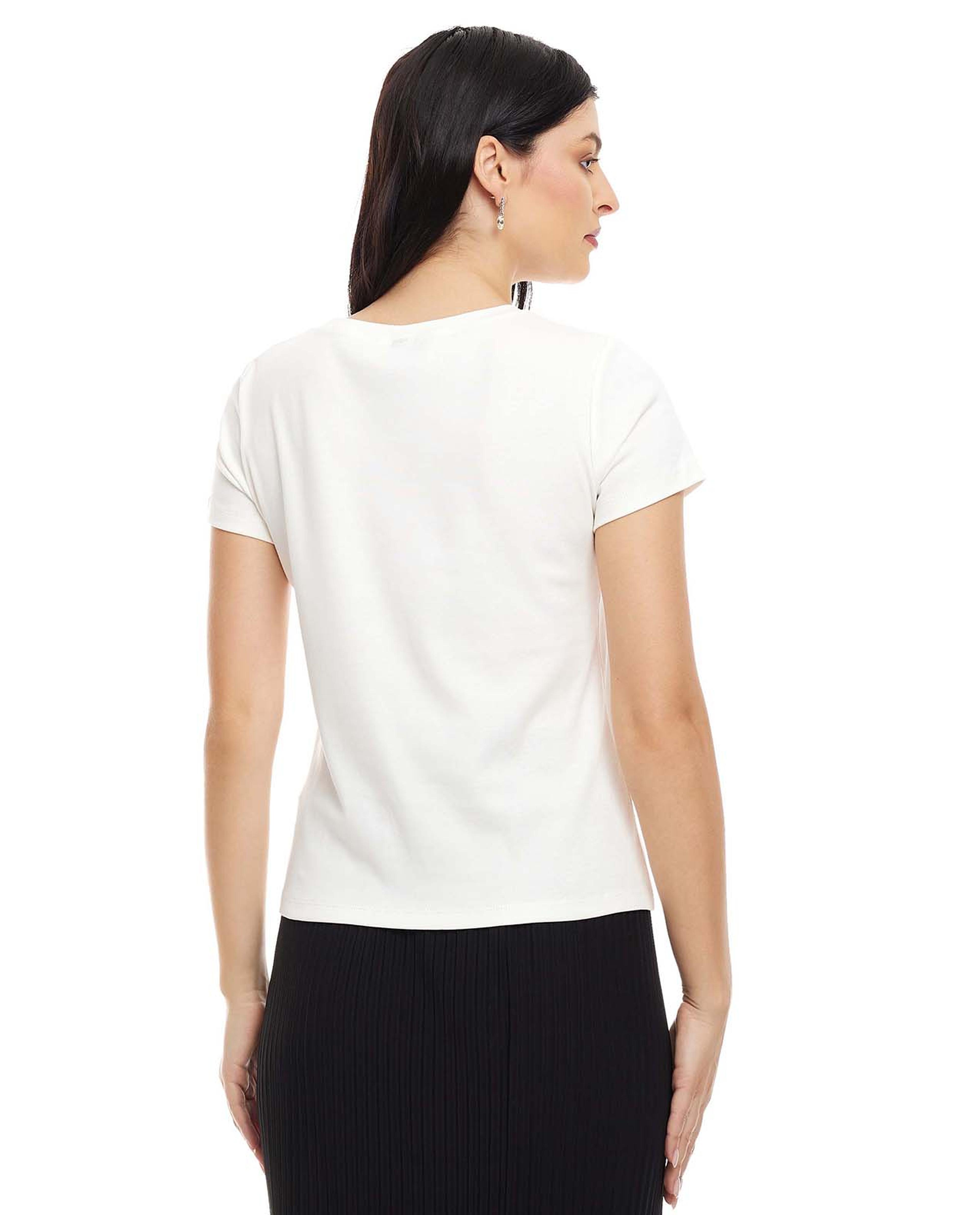 Embellished Neck Top with Crew Neck and Short Sleeves