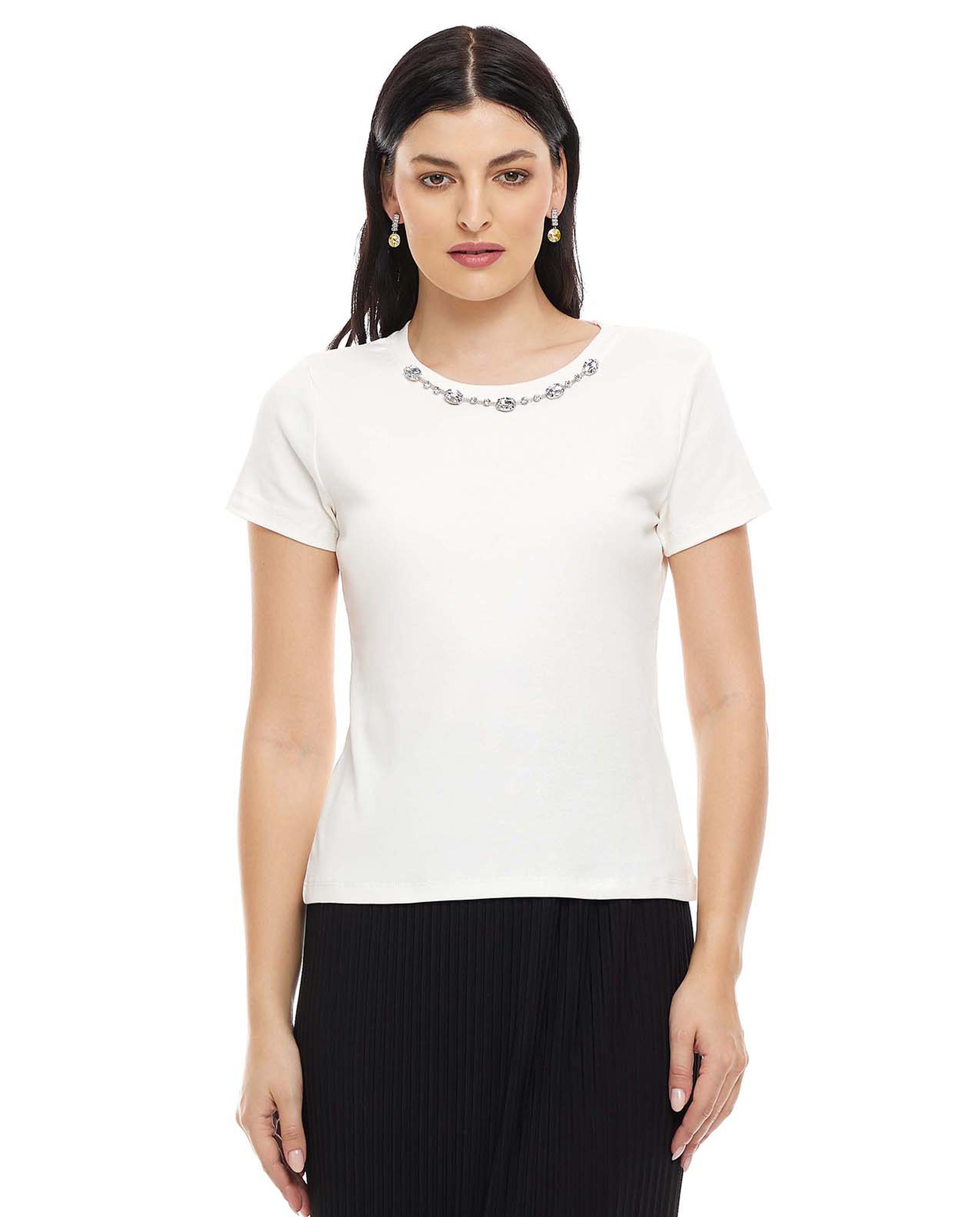 Embellished Neck Top with Crew Neck and Short Sleeves