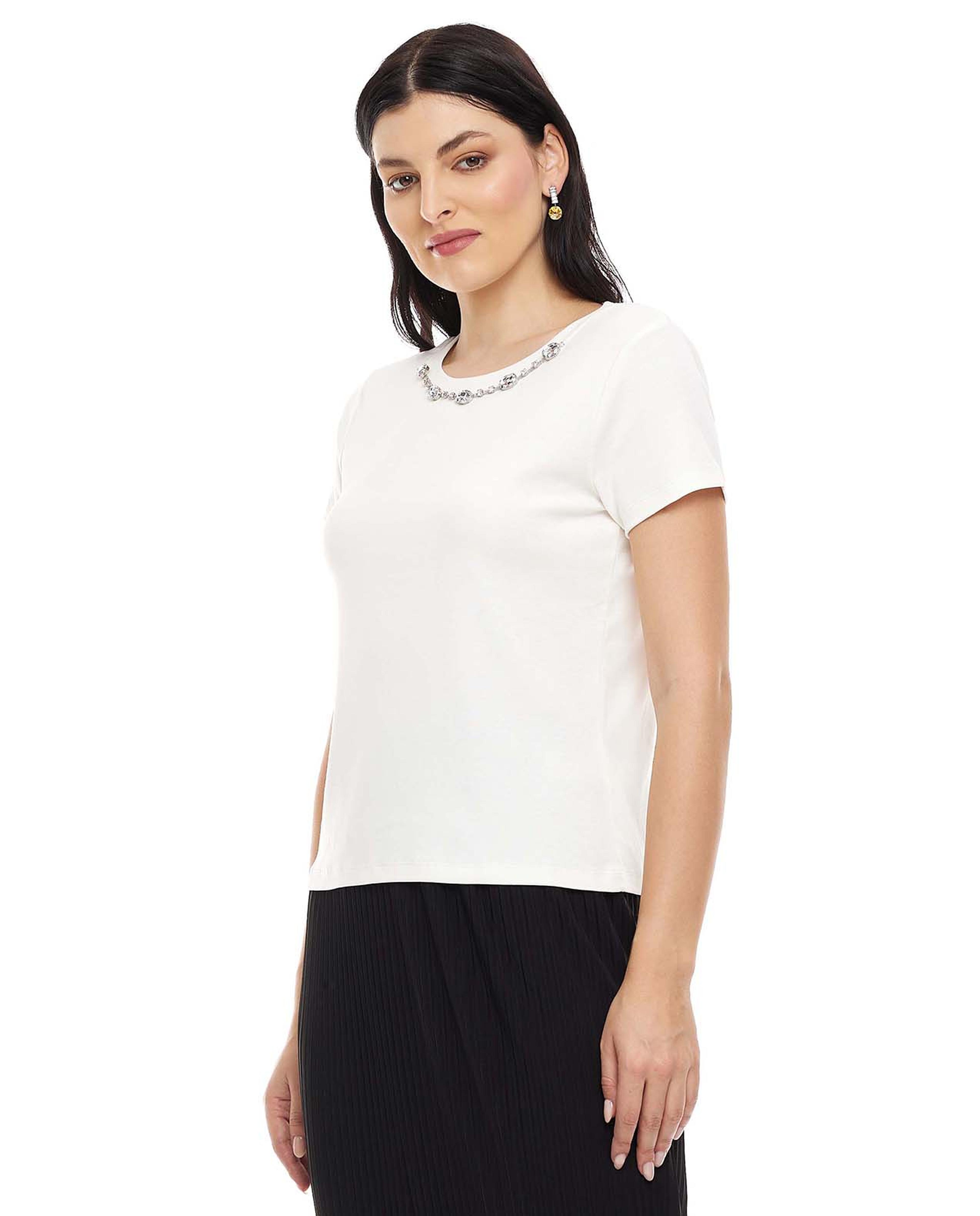 Embellished Neck Top with Crew Neck and Short Sleeves