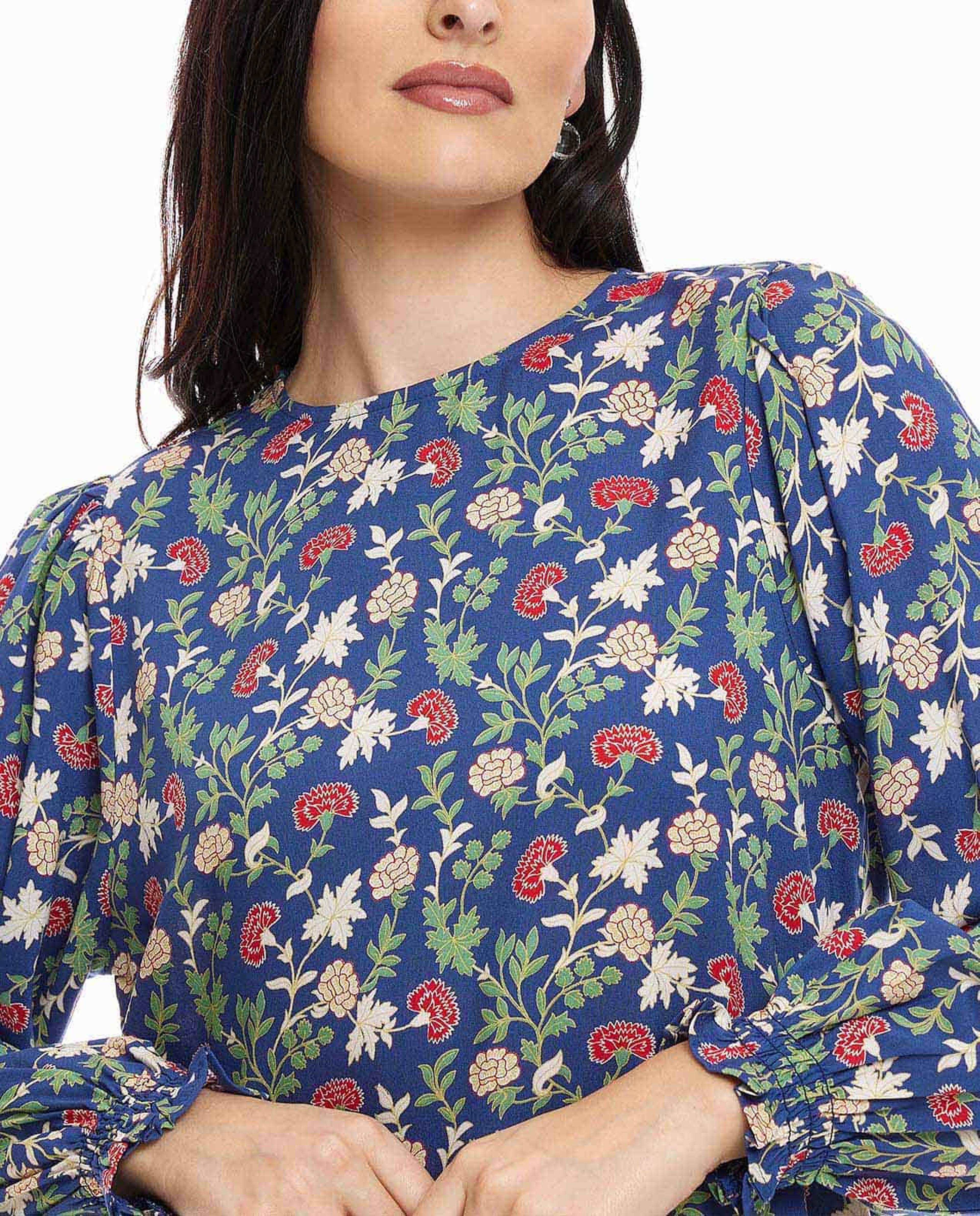 Floral Print Tunic with Crew Neck and Long Sleeves