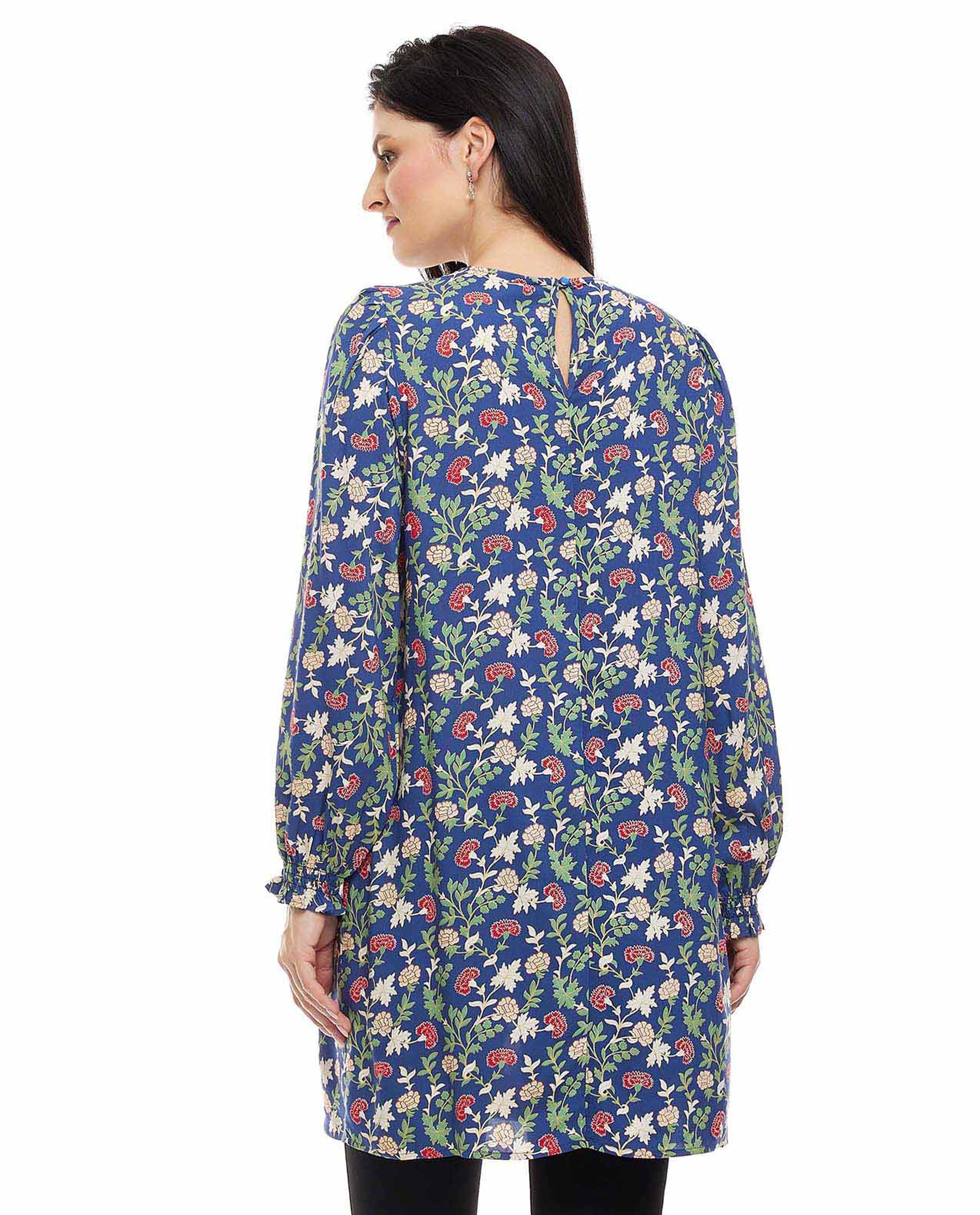 Floral Print Tunic with Crew Neck and Long Sleeves