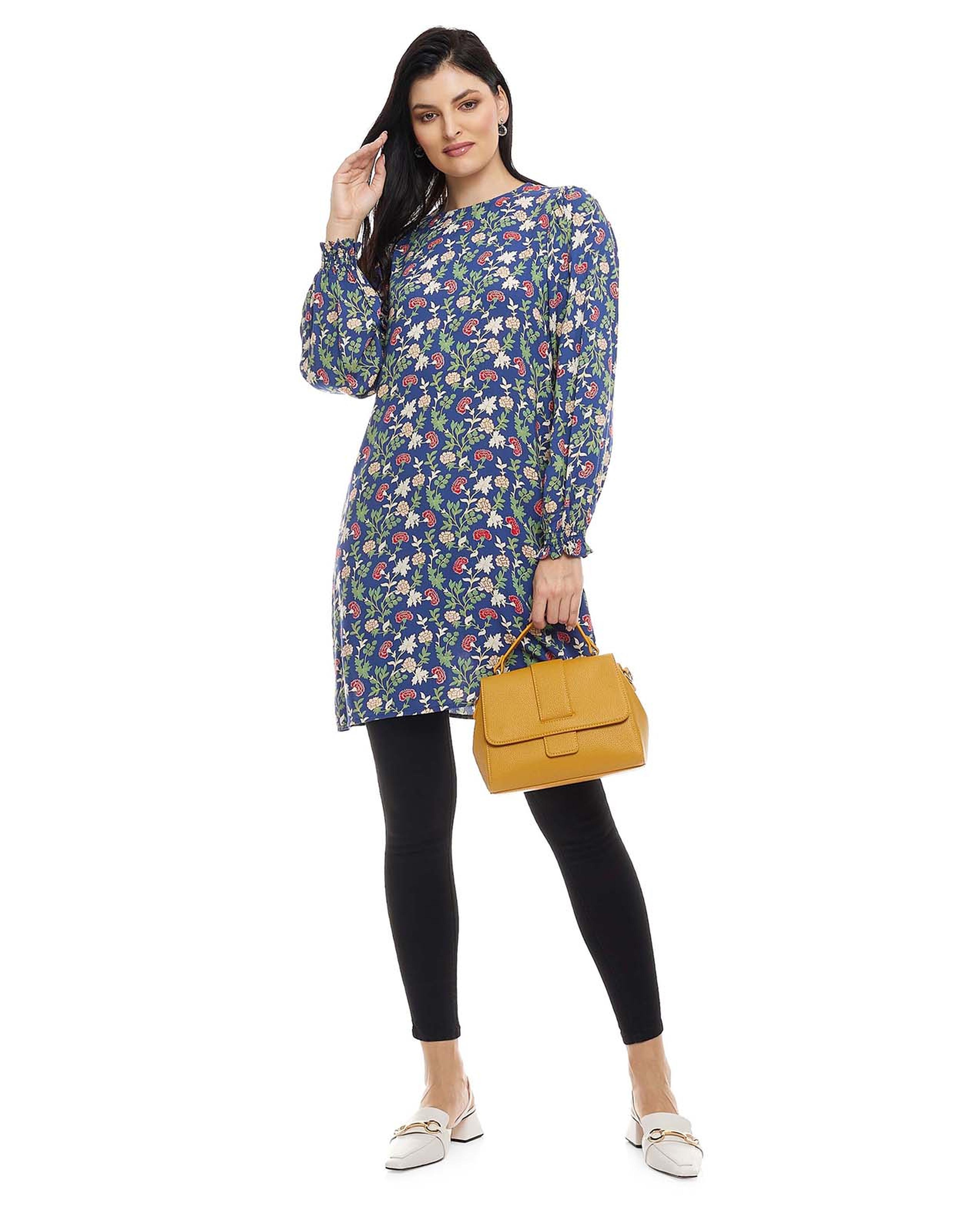 Floral Print Tunic with Crew Neck and Long Sleeves