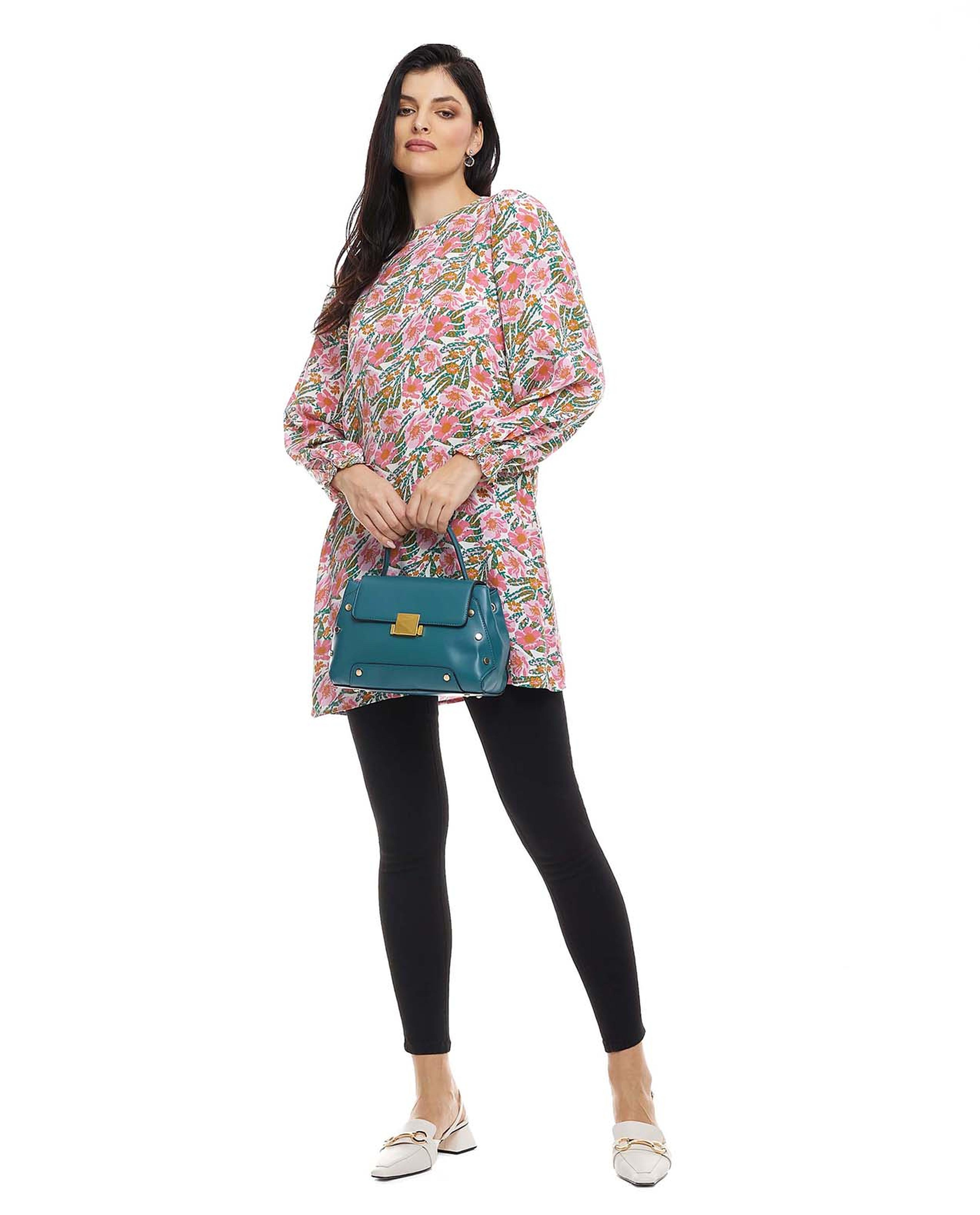 Floral Print Tunic with Crew Neck and Long Sleeves