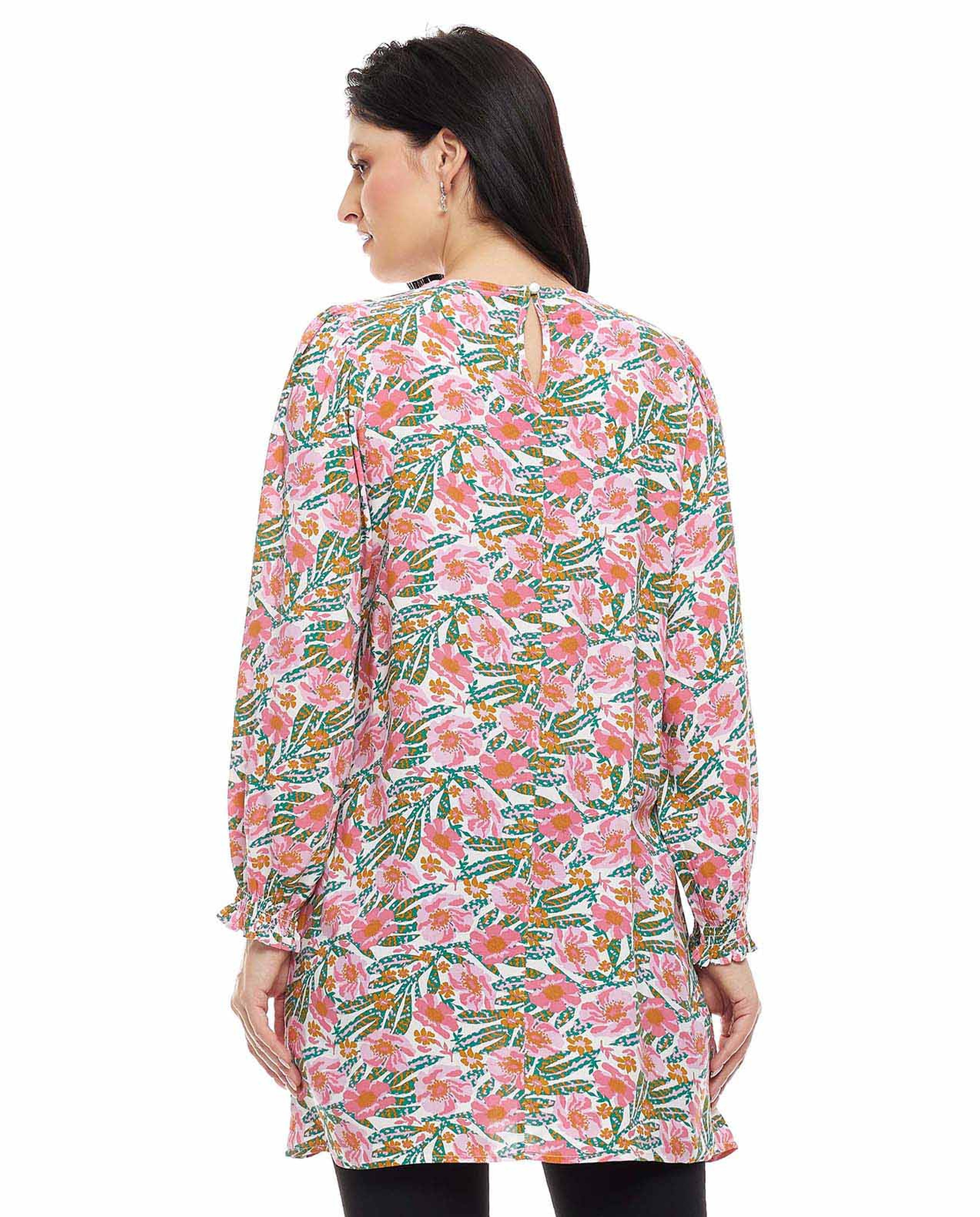 Floral Print Tunic with Crew Neck and Long Sleeves