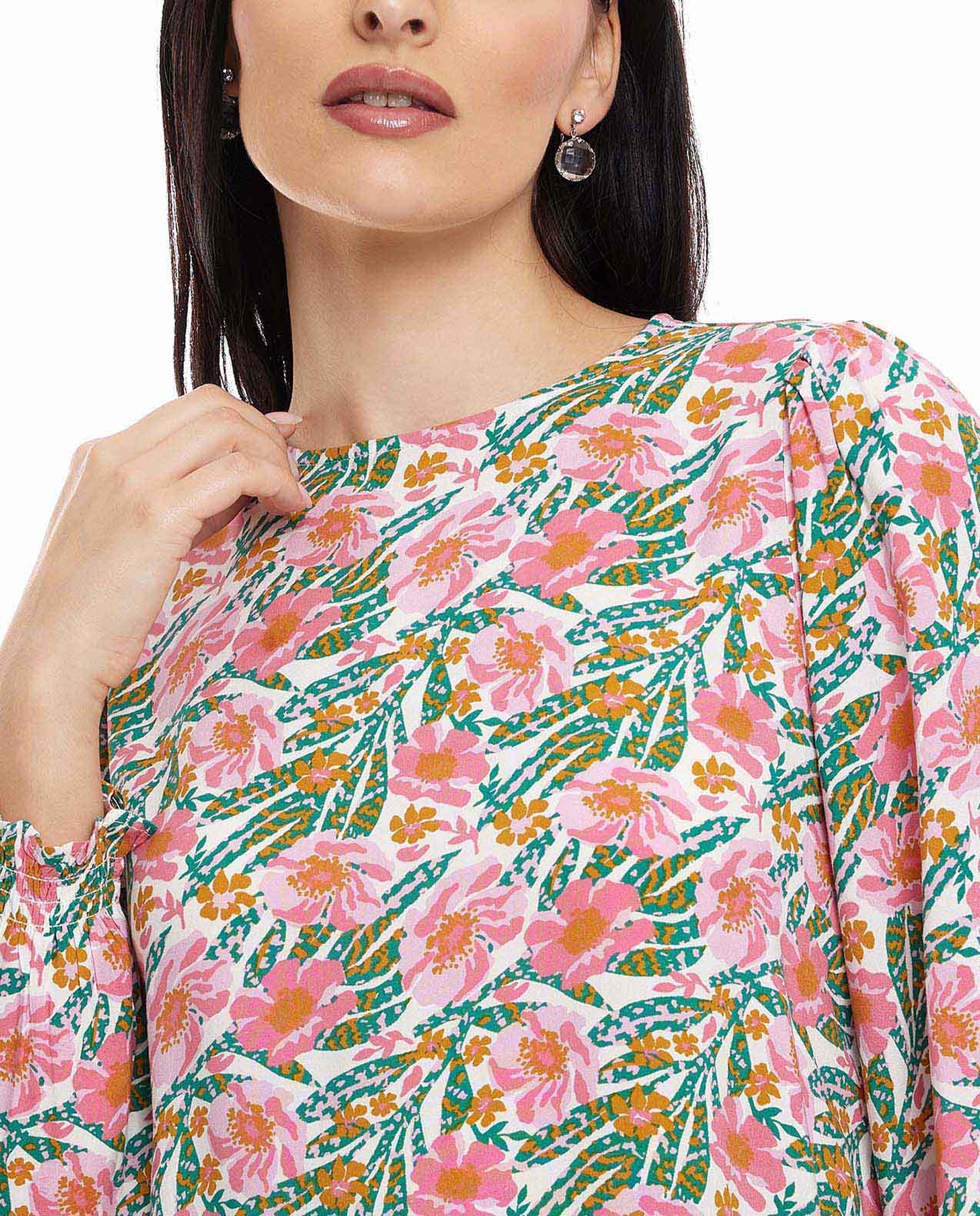 Floral Print Tunic with Crew Neck and Long Sleeves