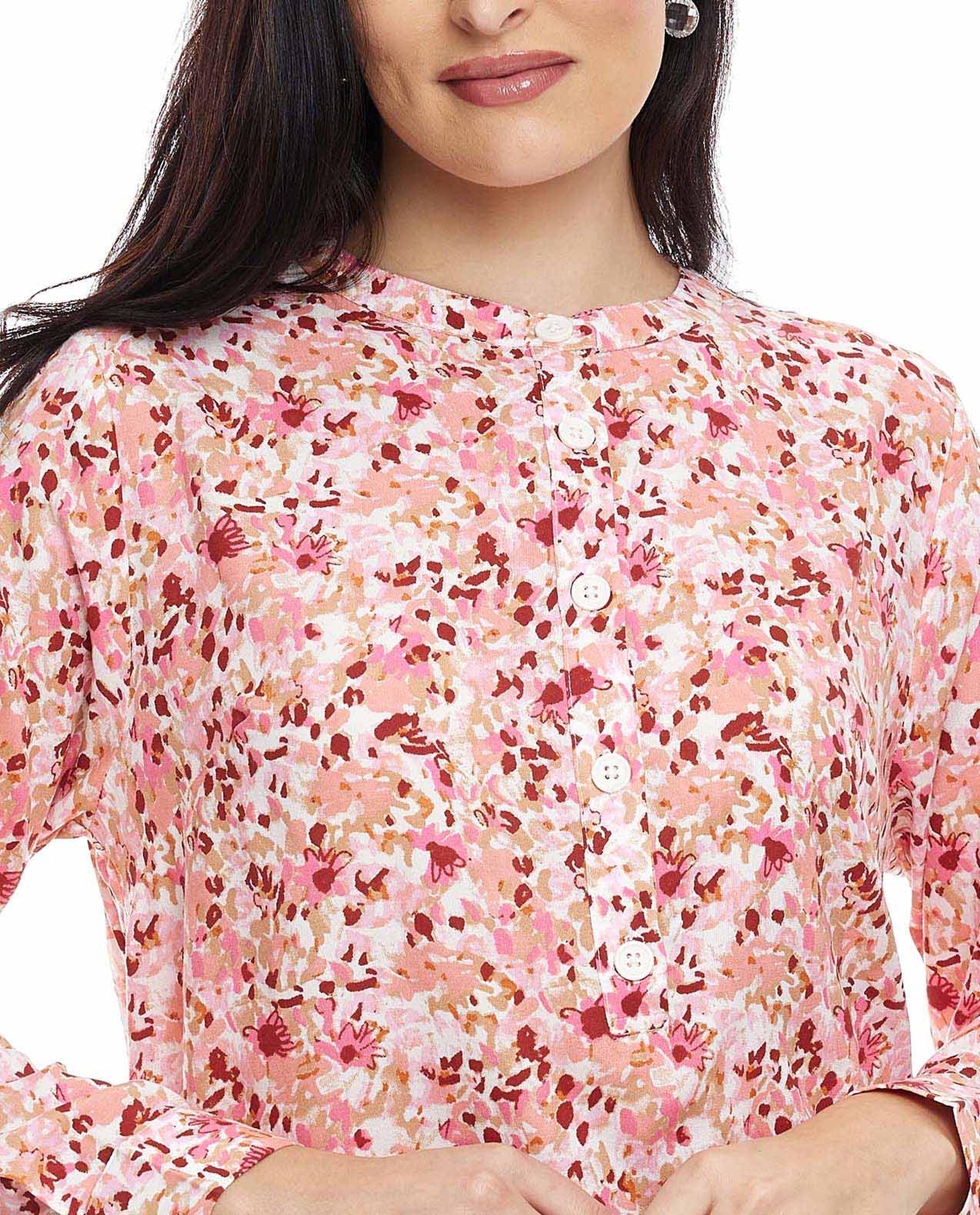 Floral Print Tunic with Crew Neck and Long Sleeves