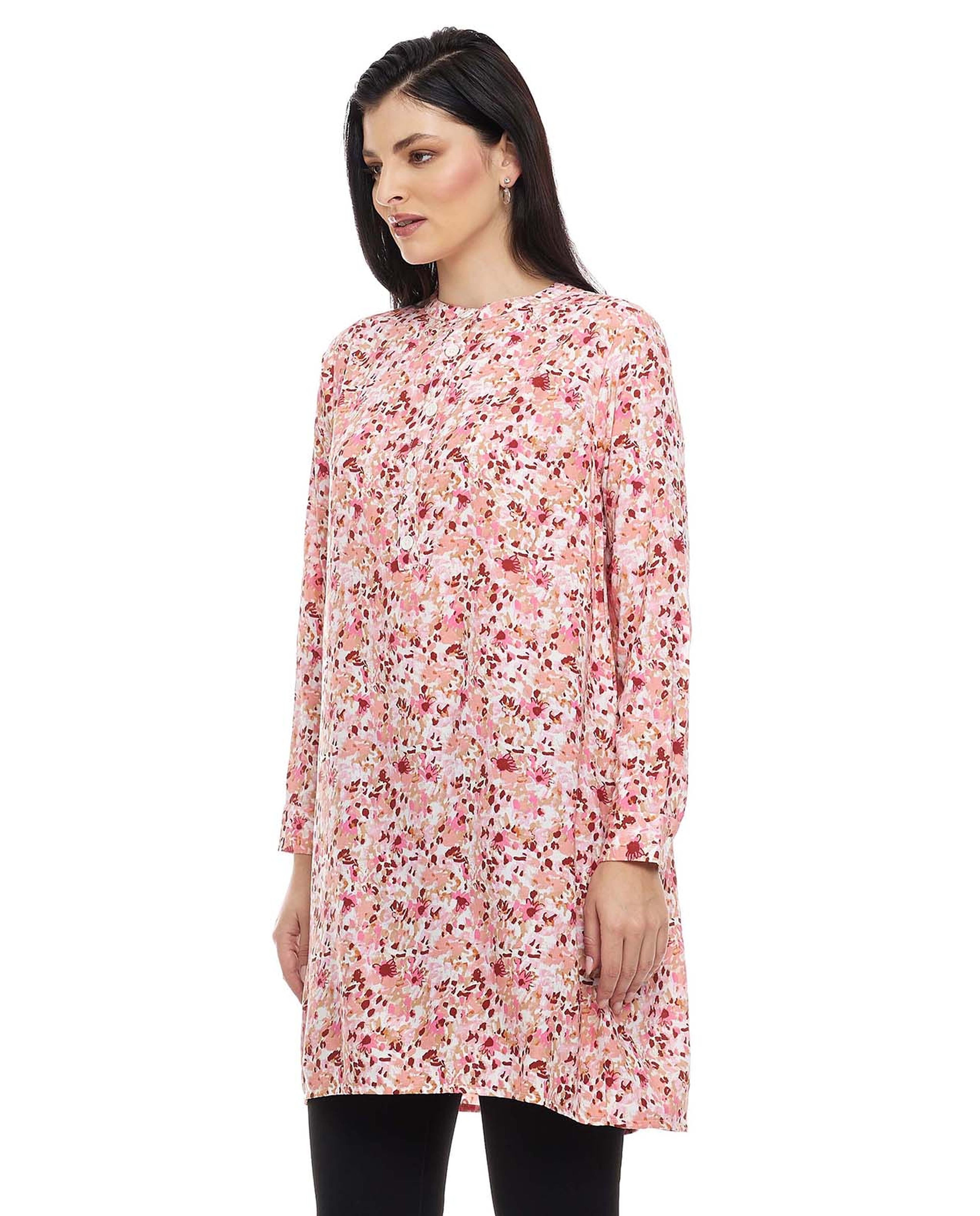 Floral Print Tunic with Crew Neck and Long Sleeves