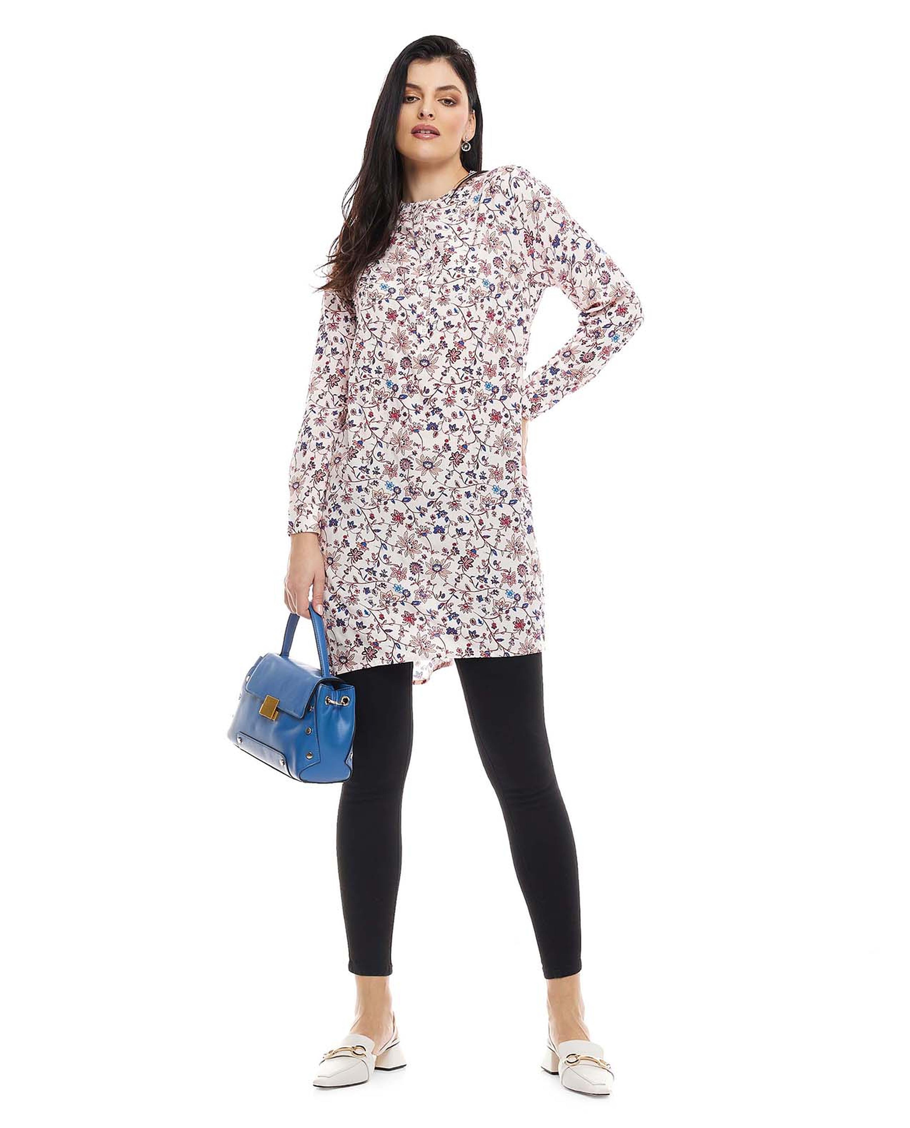 Floral Print Tunic with Crew Neck and Long Sleeves