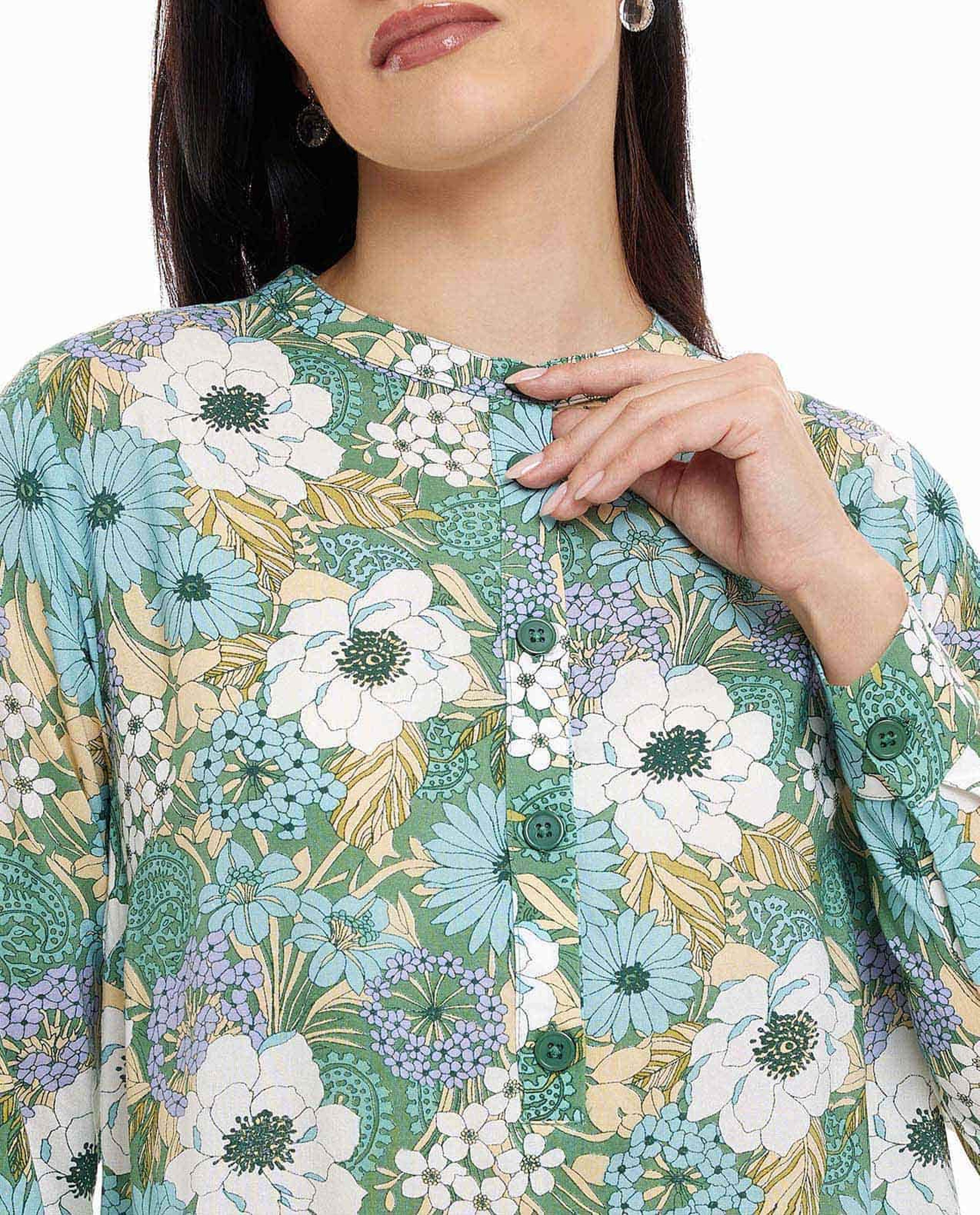 Floral Print Tunic with Crew Neck and Long Sleeves