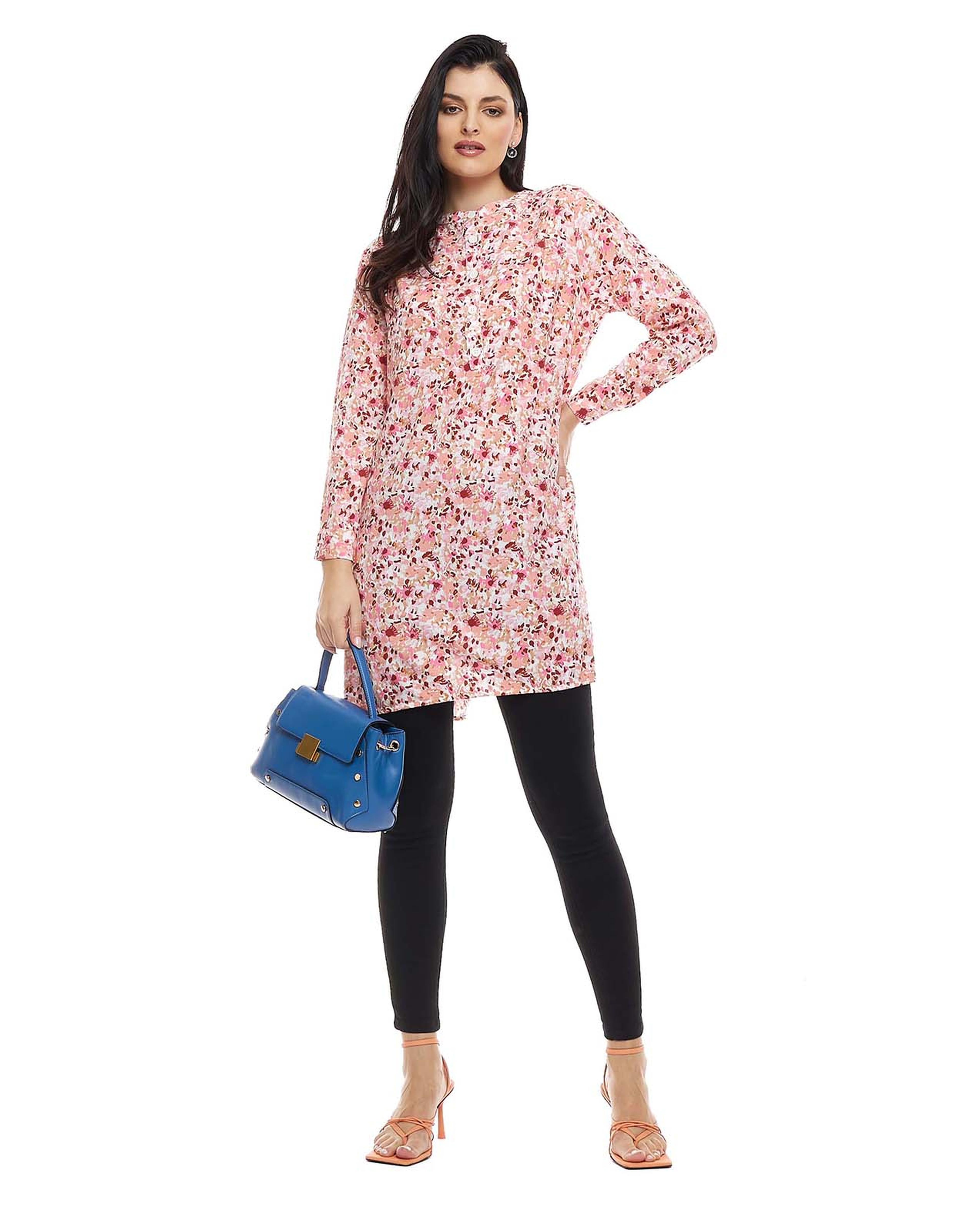 Floral Print Tunic with Crew Neck and Long Sleeves