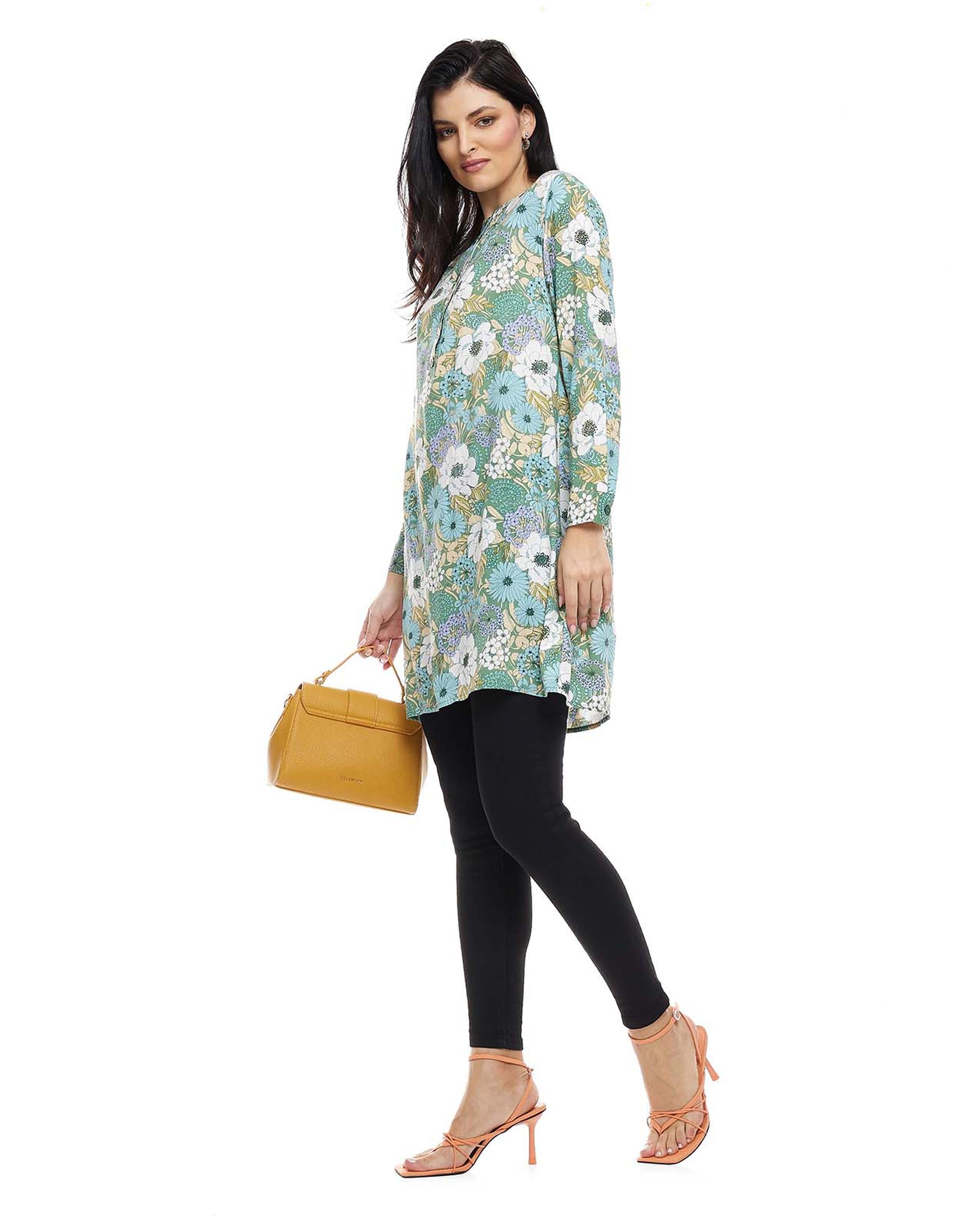 Floral Print Tunic with Crew Neck and Long Sleeves