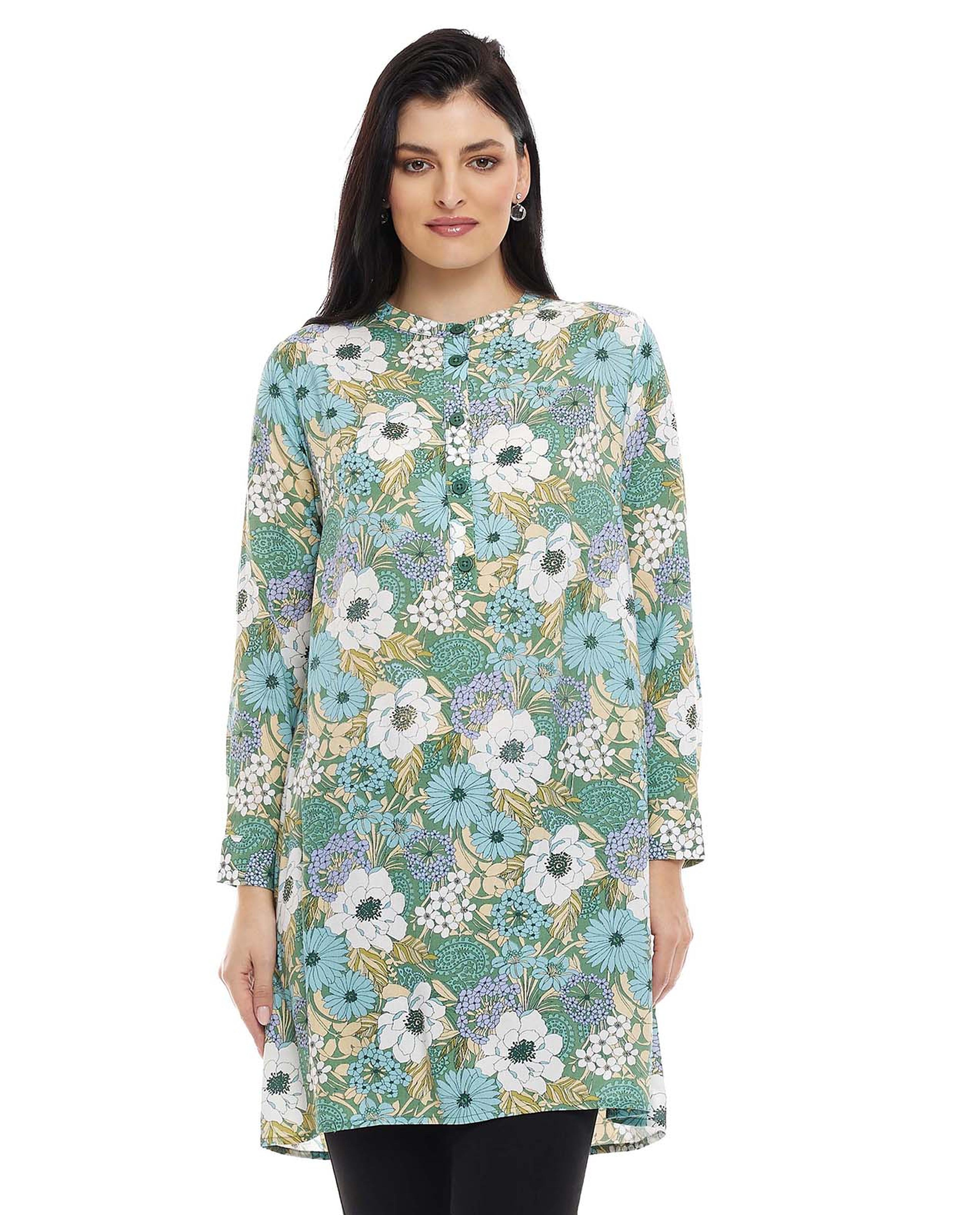 Floral Print Tunic with Crew Neck and Long Sleeves