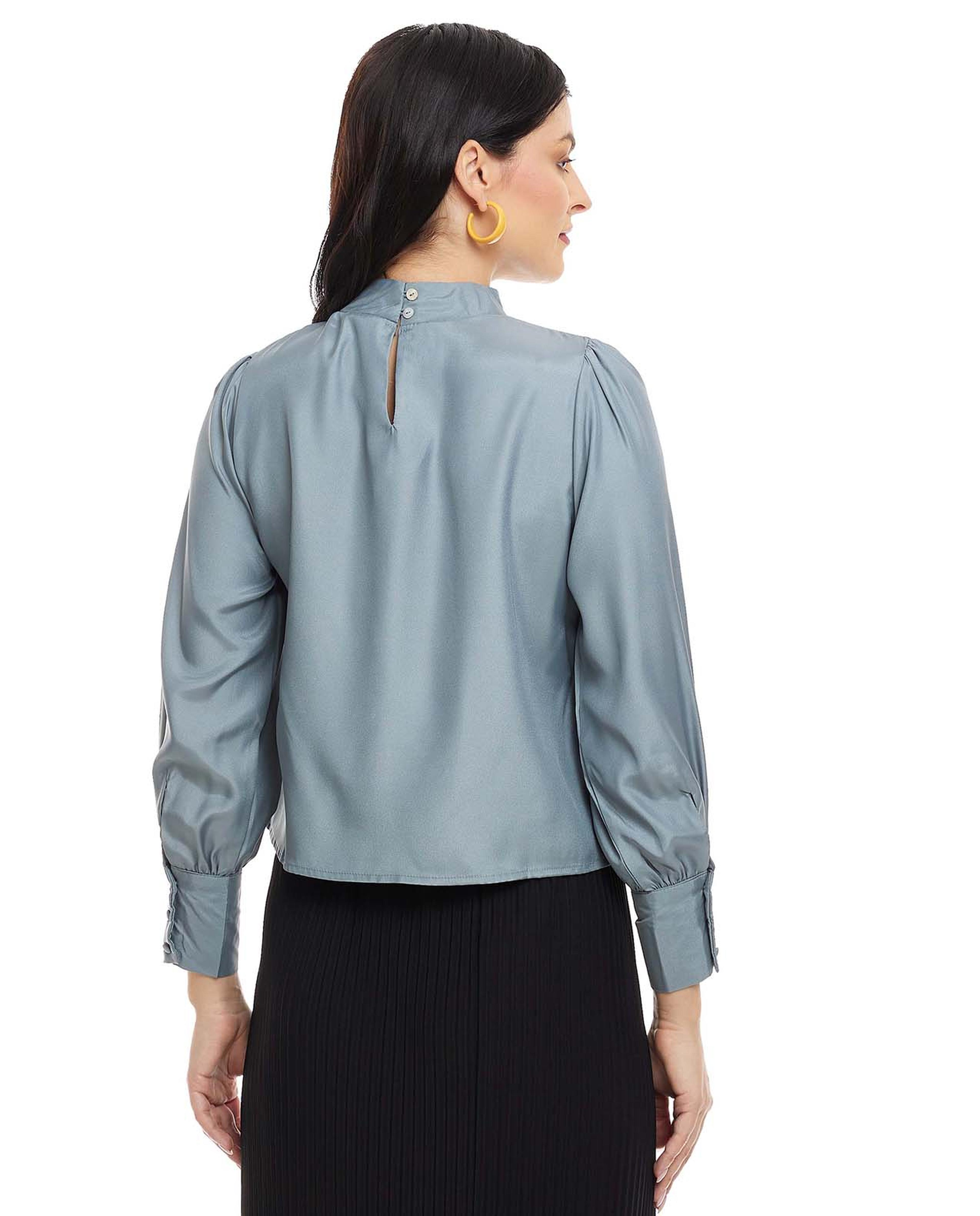 Solid Top with Mock Neck and Bishop Sleeves