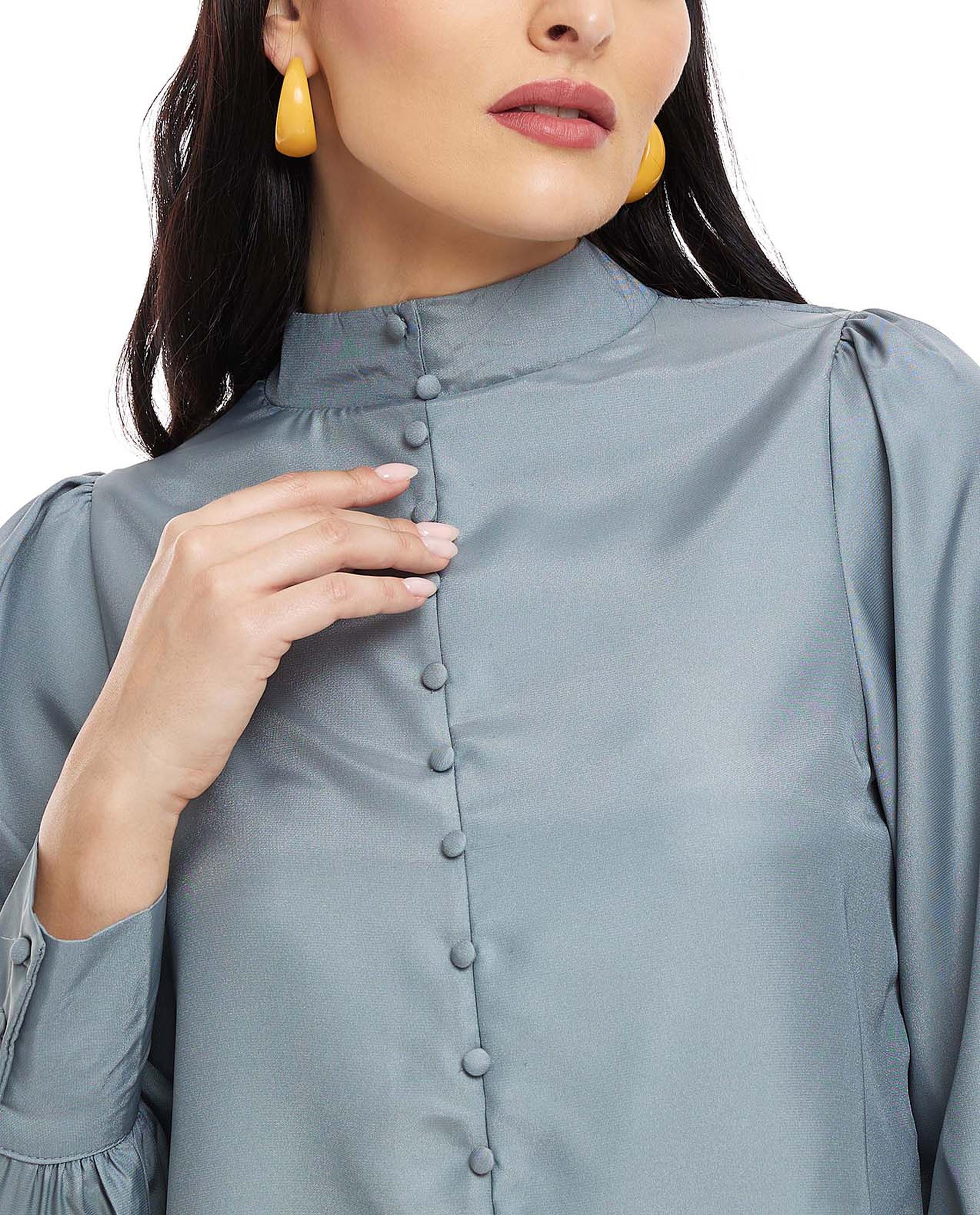 Solid Top with Mock Neck and Bishop Sleeves