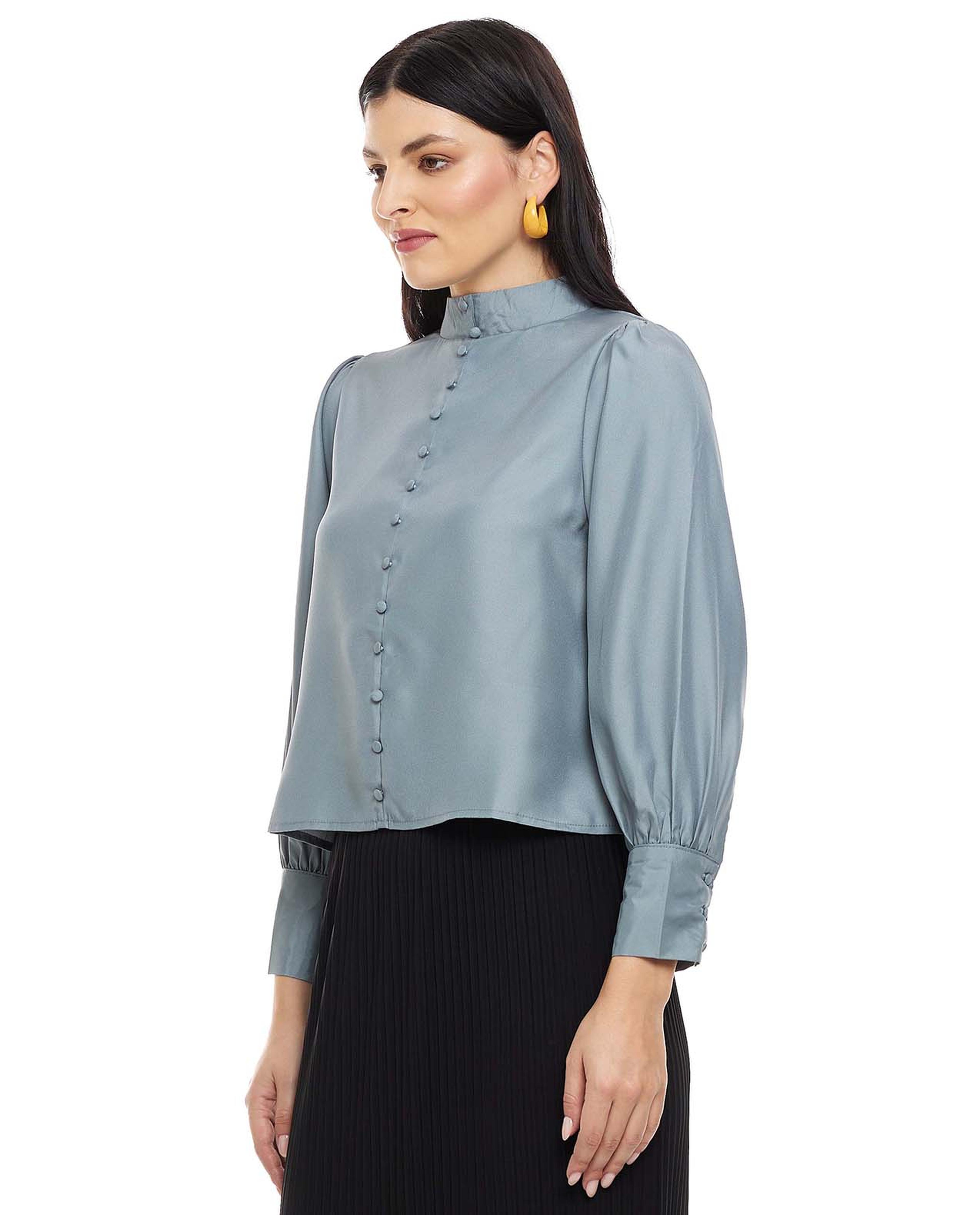 Solid Top with Mock Neck and Bishop Sleeves