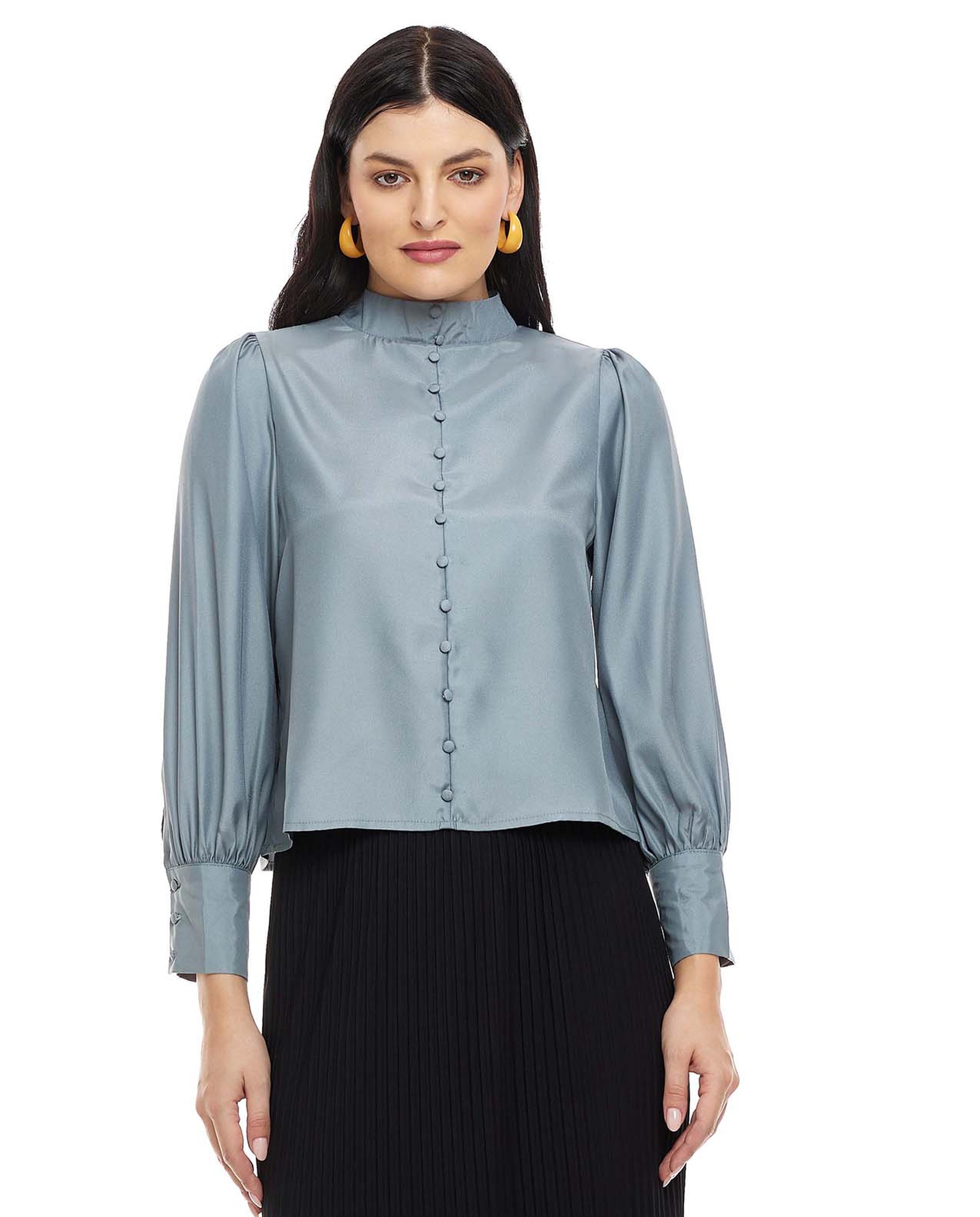 Solid Top with Mock Neck and Bishop Sleeves