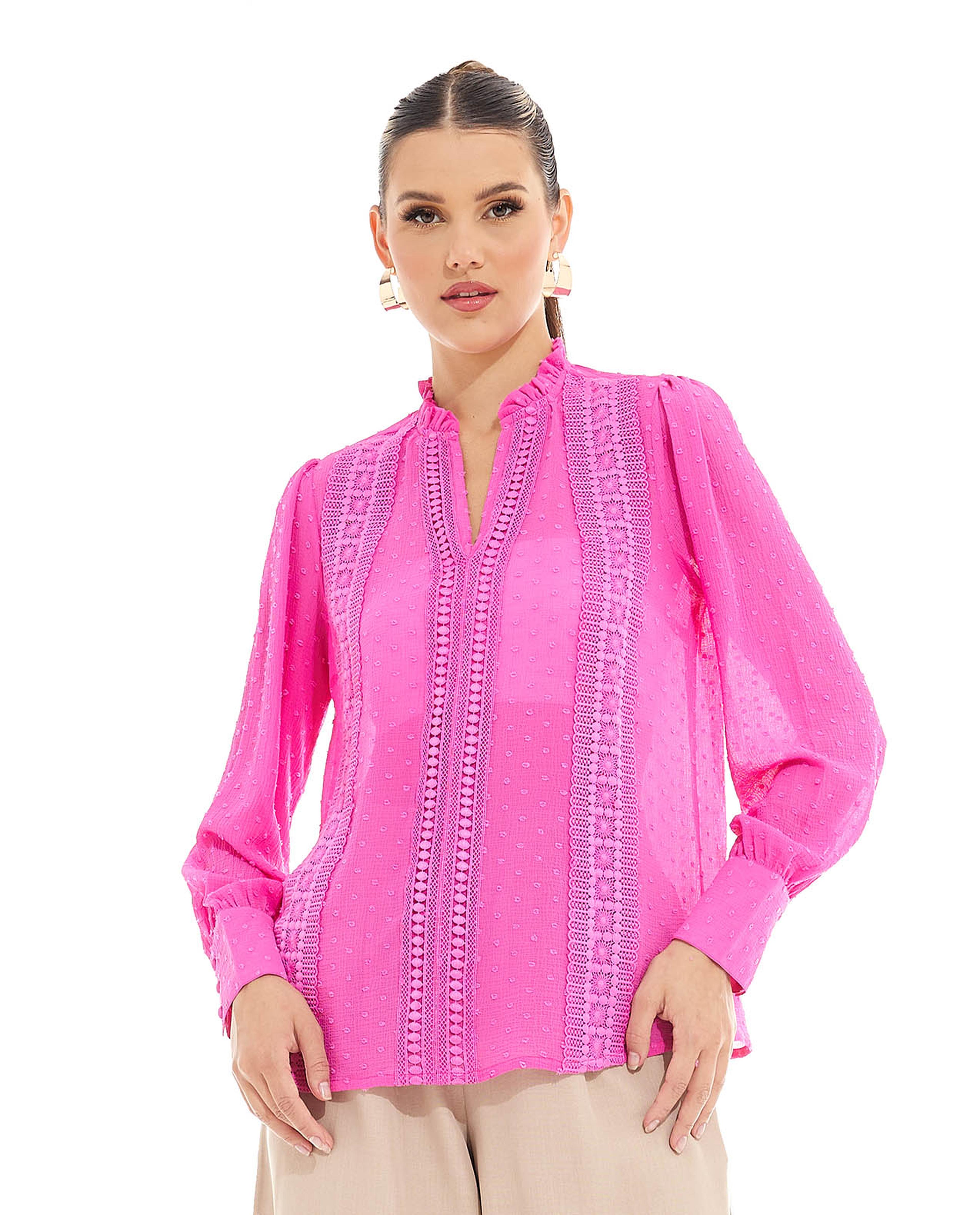 Lace Trim Top with Split Neck and Bishop Sleeves