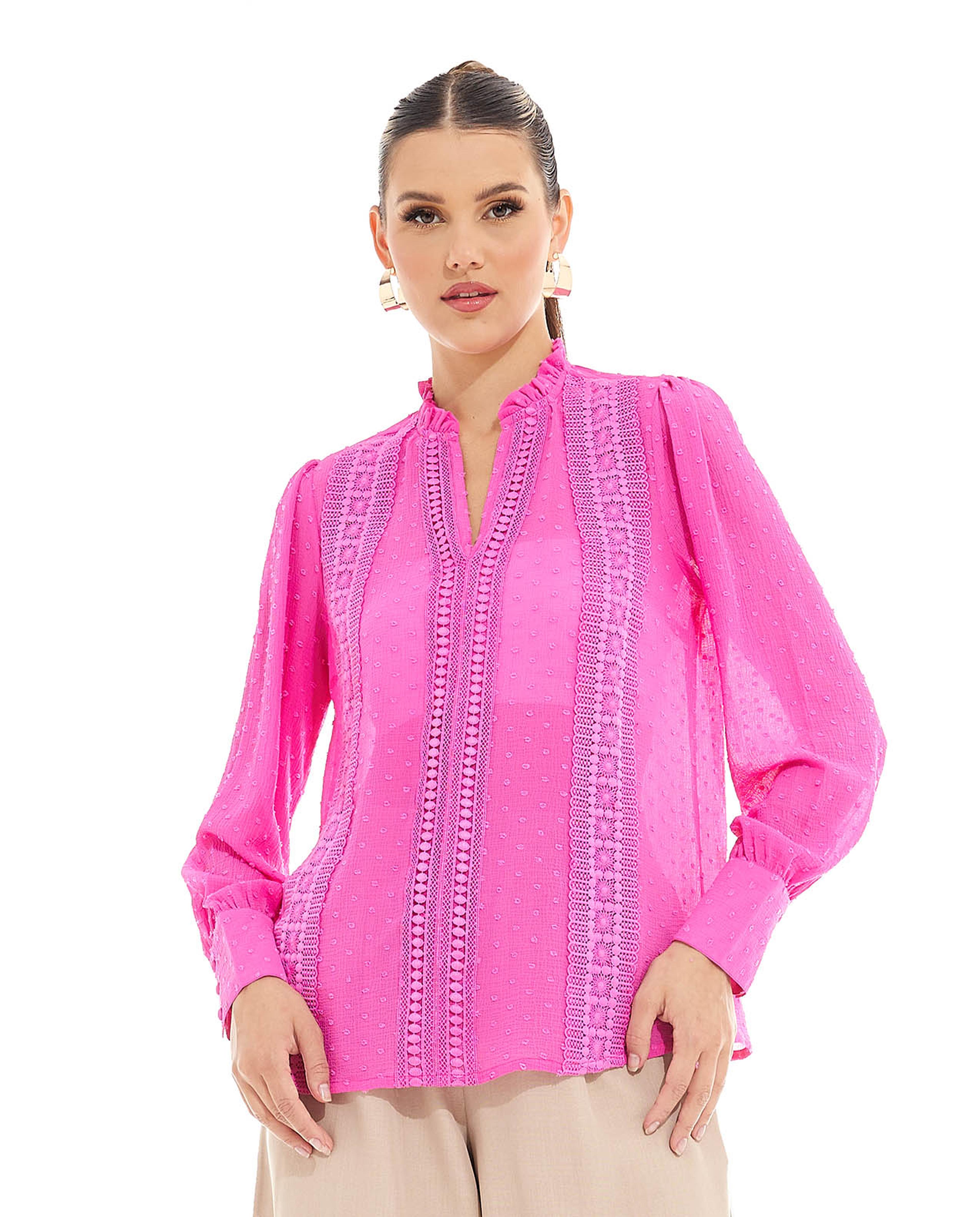 Lace Trim Top with Split Neck and Bishop Sleeves