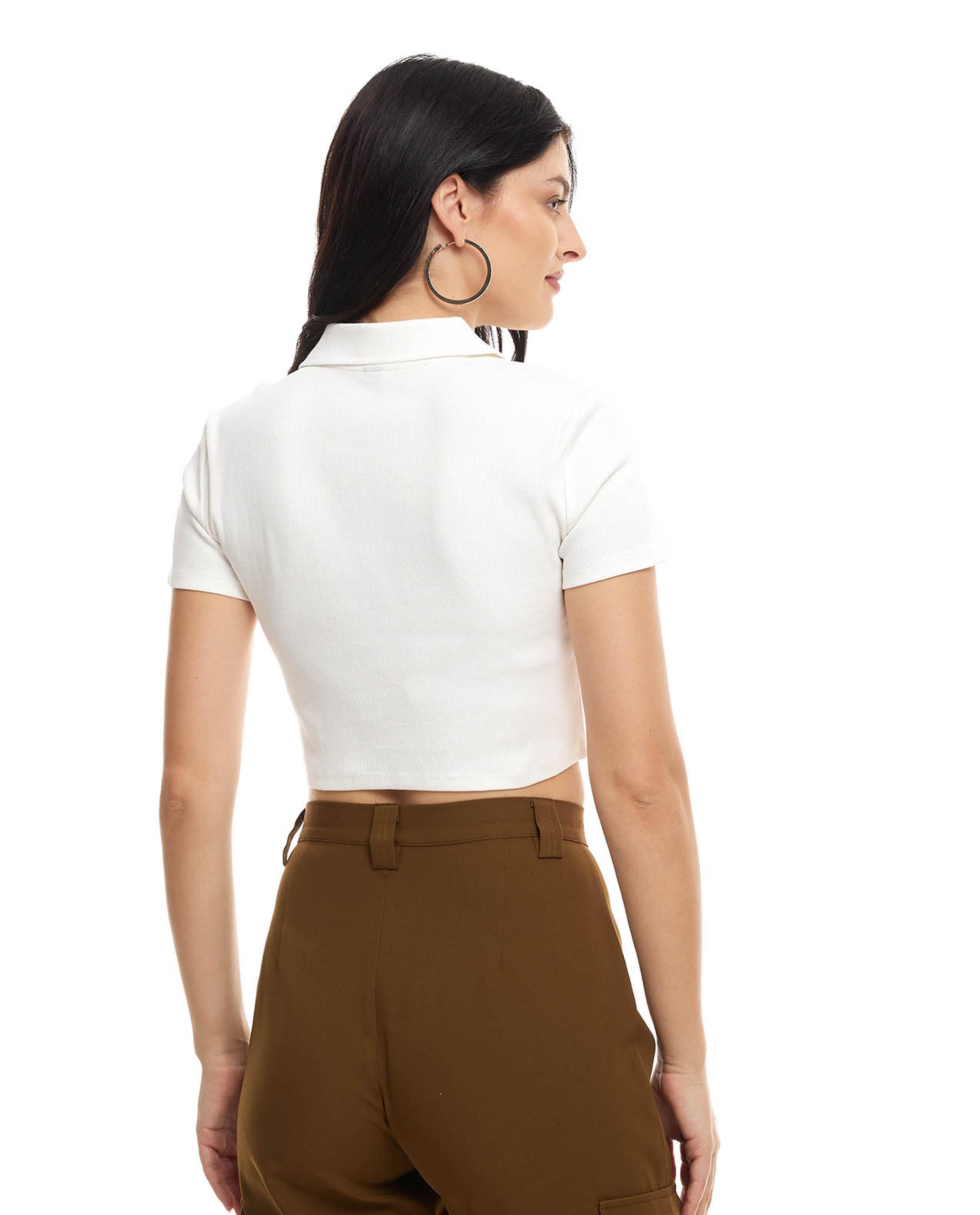 Solid Crop Top with Collared V-Neck and Short Sleeves