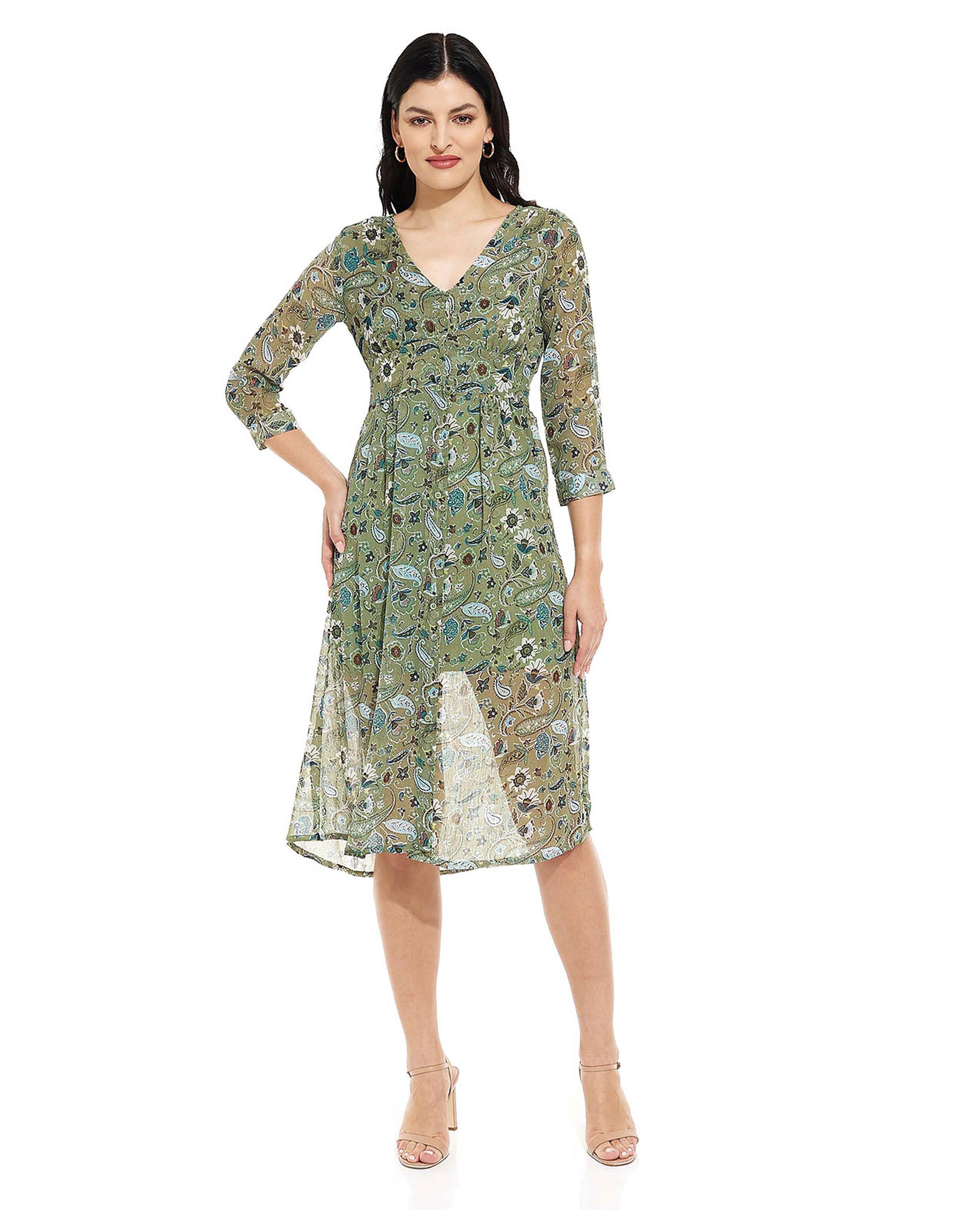 Ethnic Printed Midi Dress with V-Neck and 3/4th Sleeves