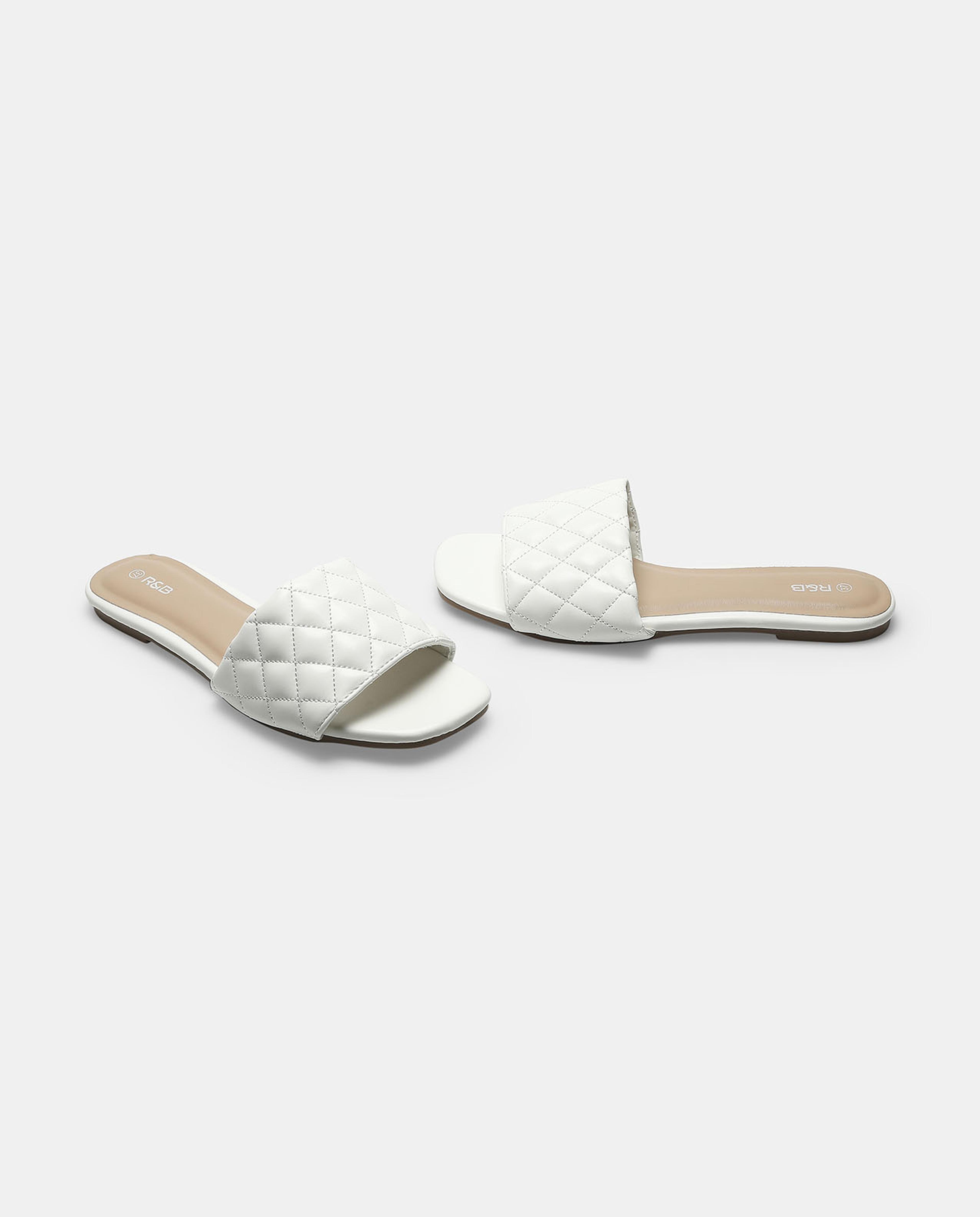 R&B White Quilted Flat Sandals