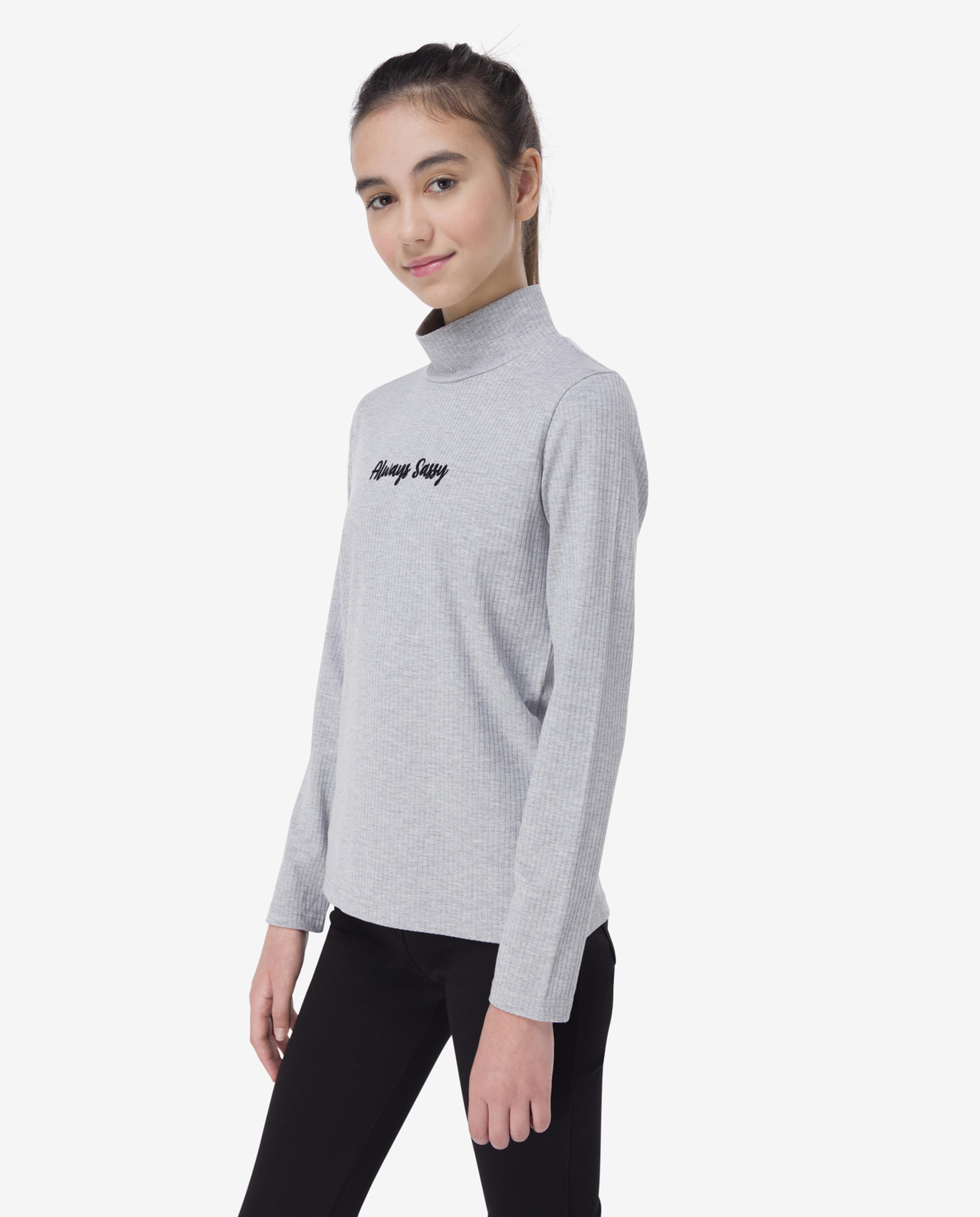 Grey Printed Turtle Neck T-Shirt