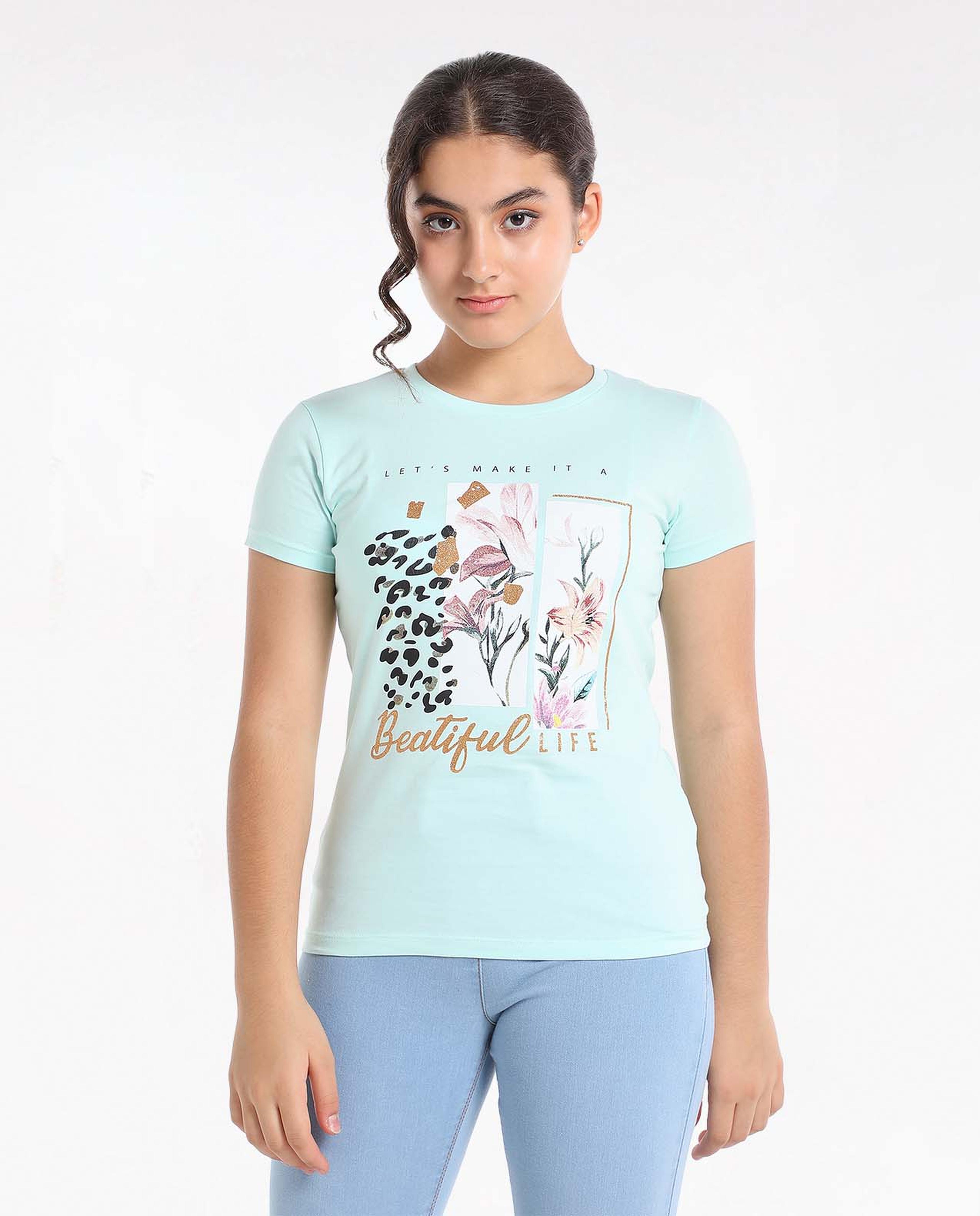 Printed T-Shirt with Round Neck and Short Sleeves