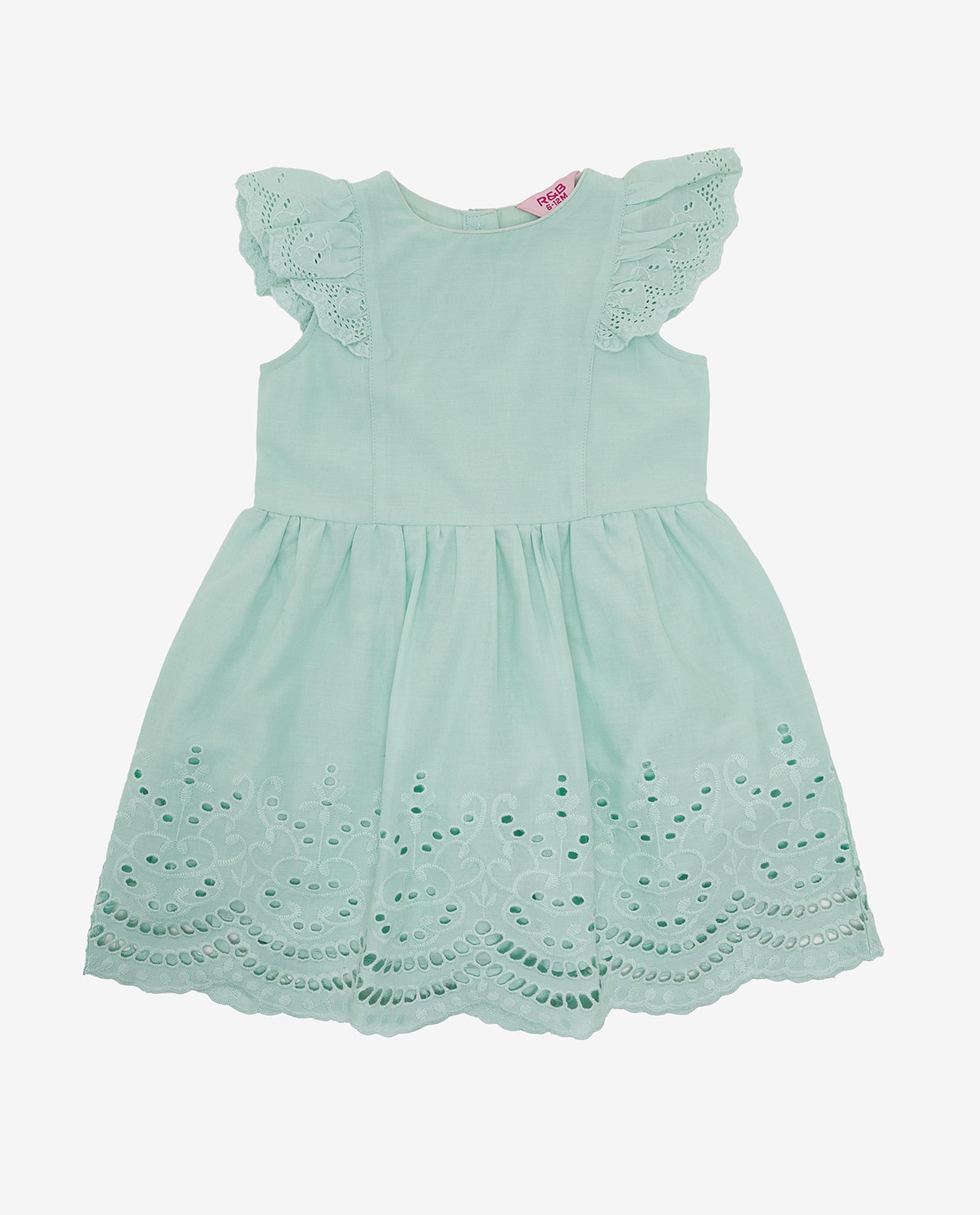 Schiffli Fit and Flare Dress with Round Neck and Ruffle Sleeves