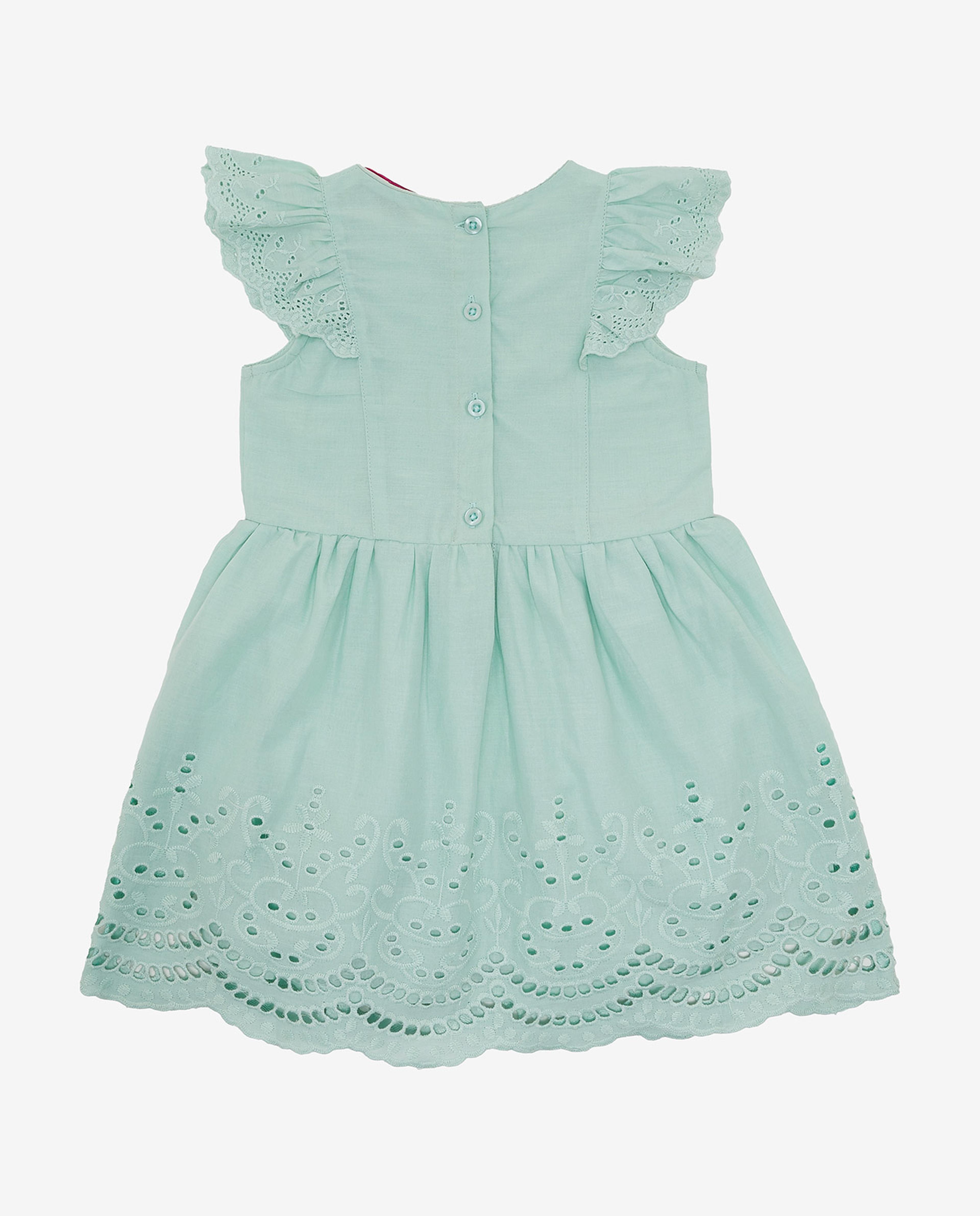 Schiffli Fit and Flare Dress with Round Neck and Ruffle Sleeves