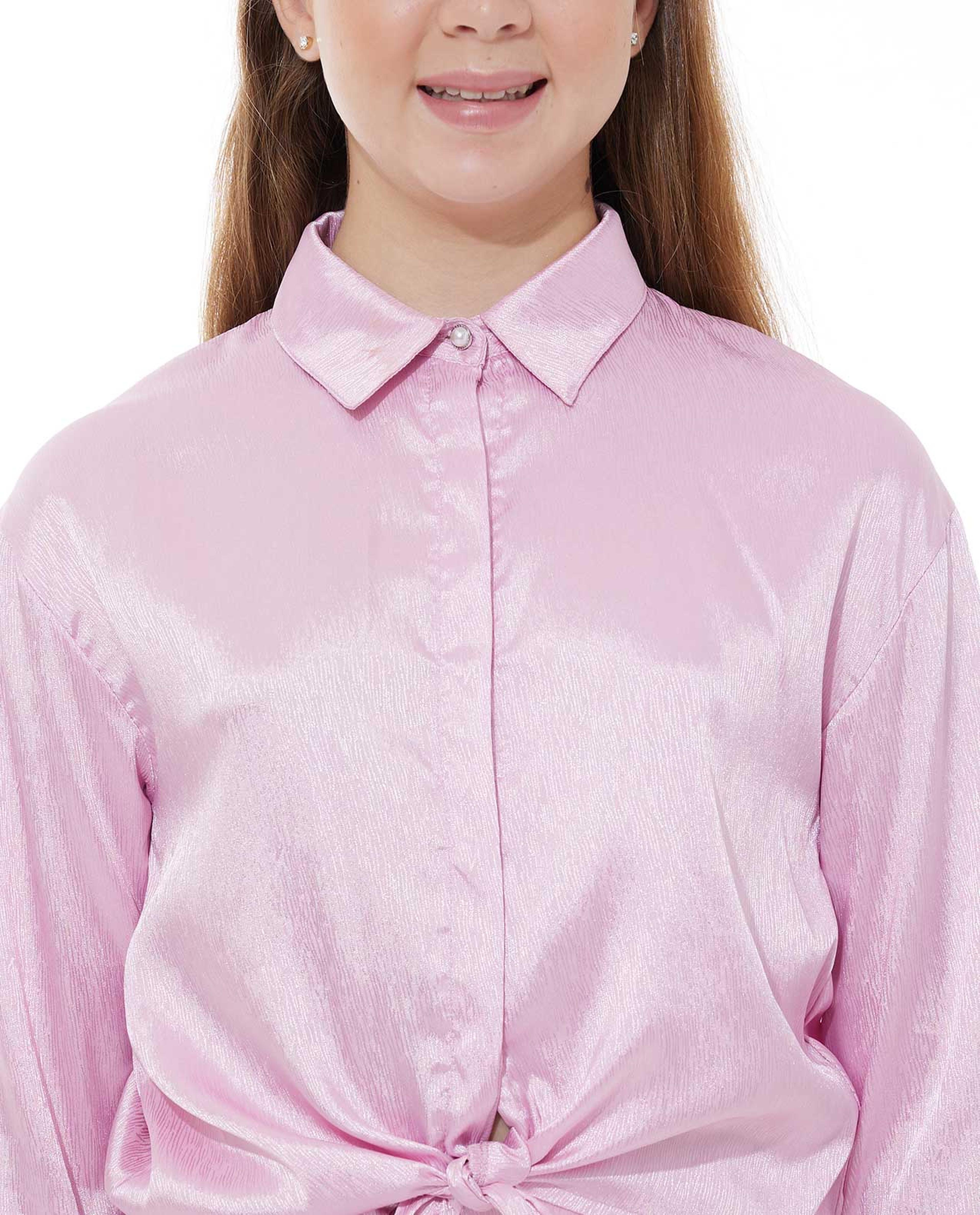 Solid Shirt with Classic Collar and Tie-Up Waist