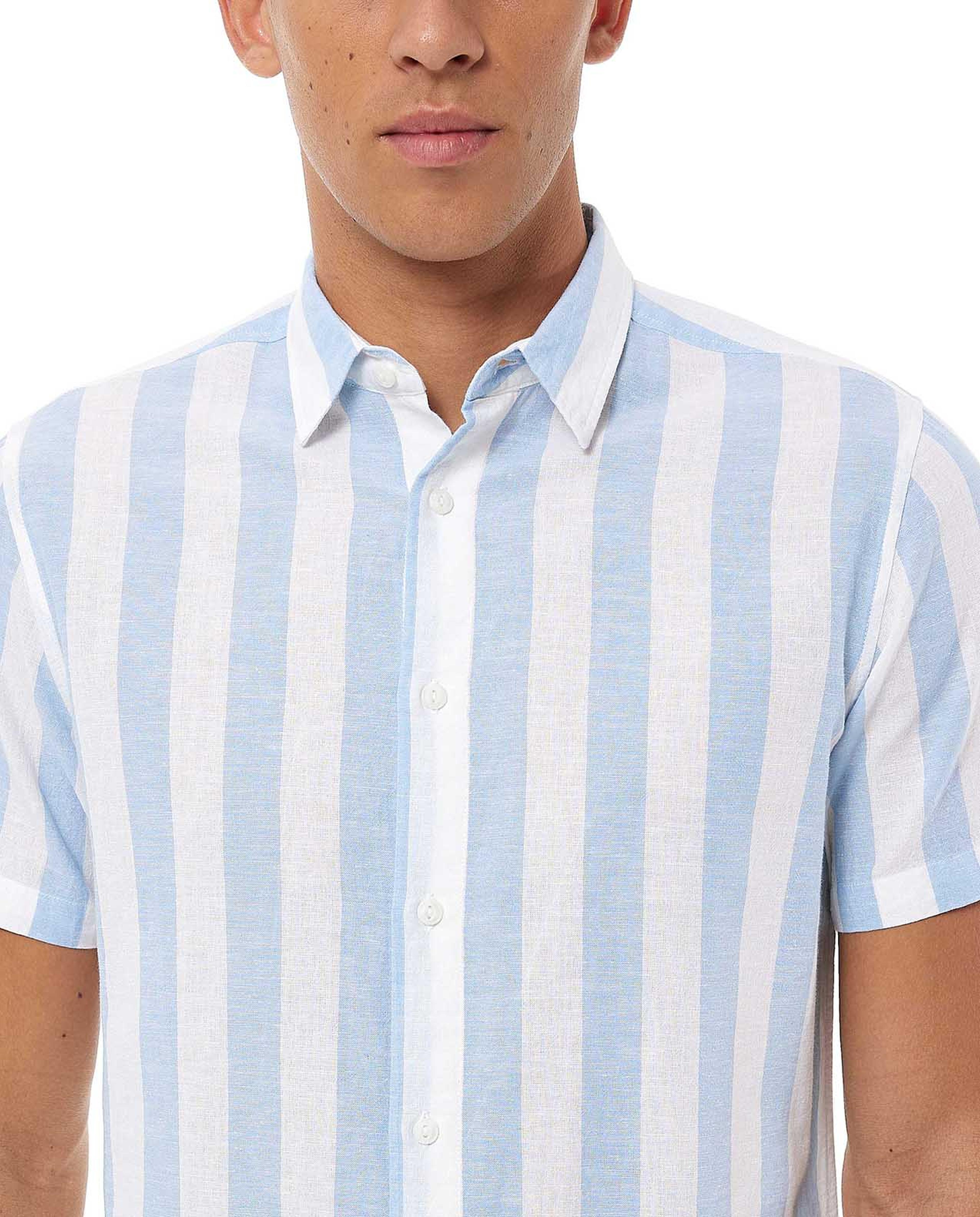 Striped Shirt with Classic Collar and Short Sleeves