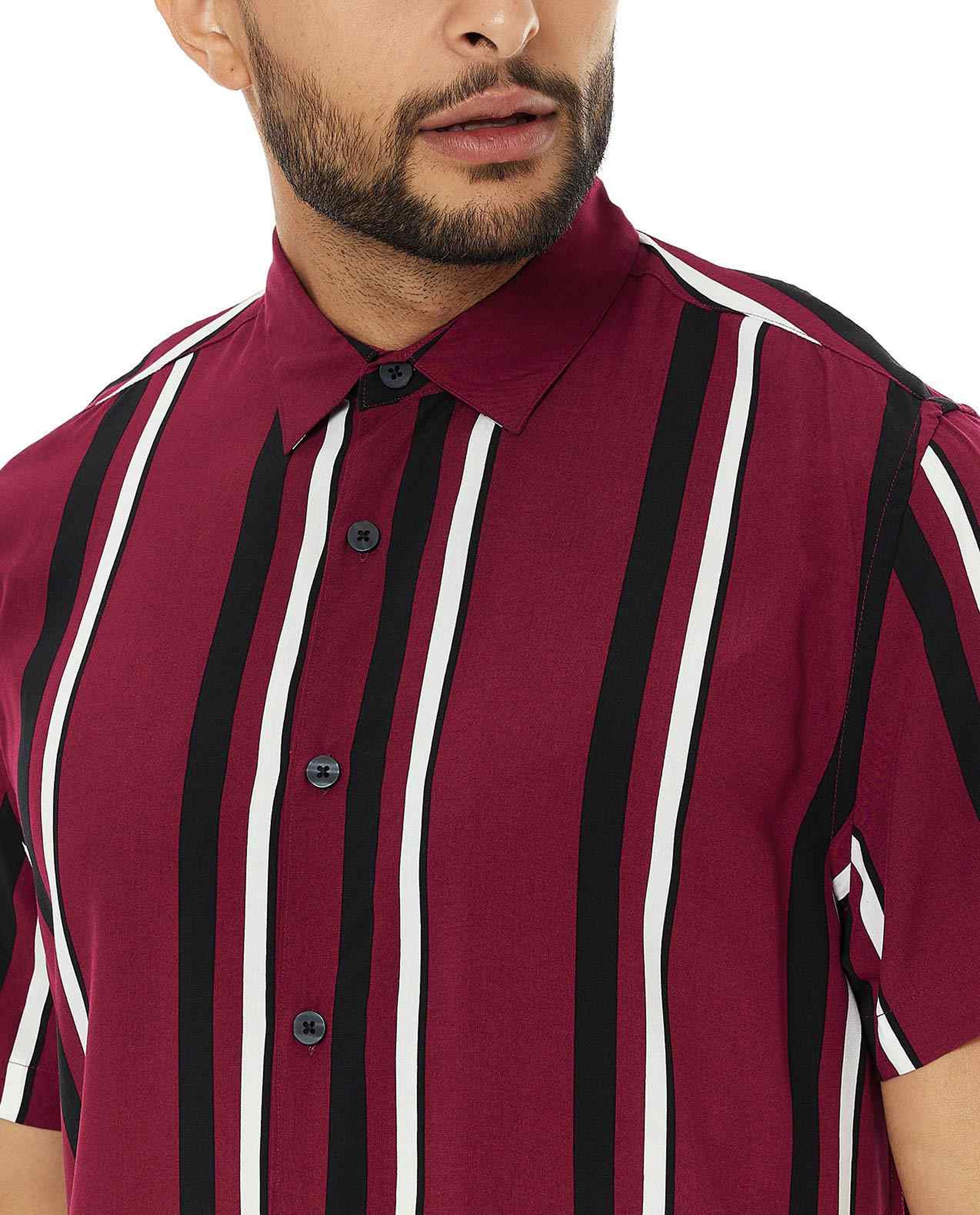 Striped Shirt with Classic Collar and Short Sleeves