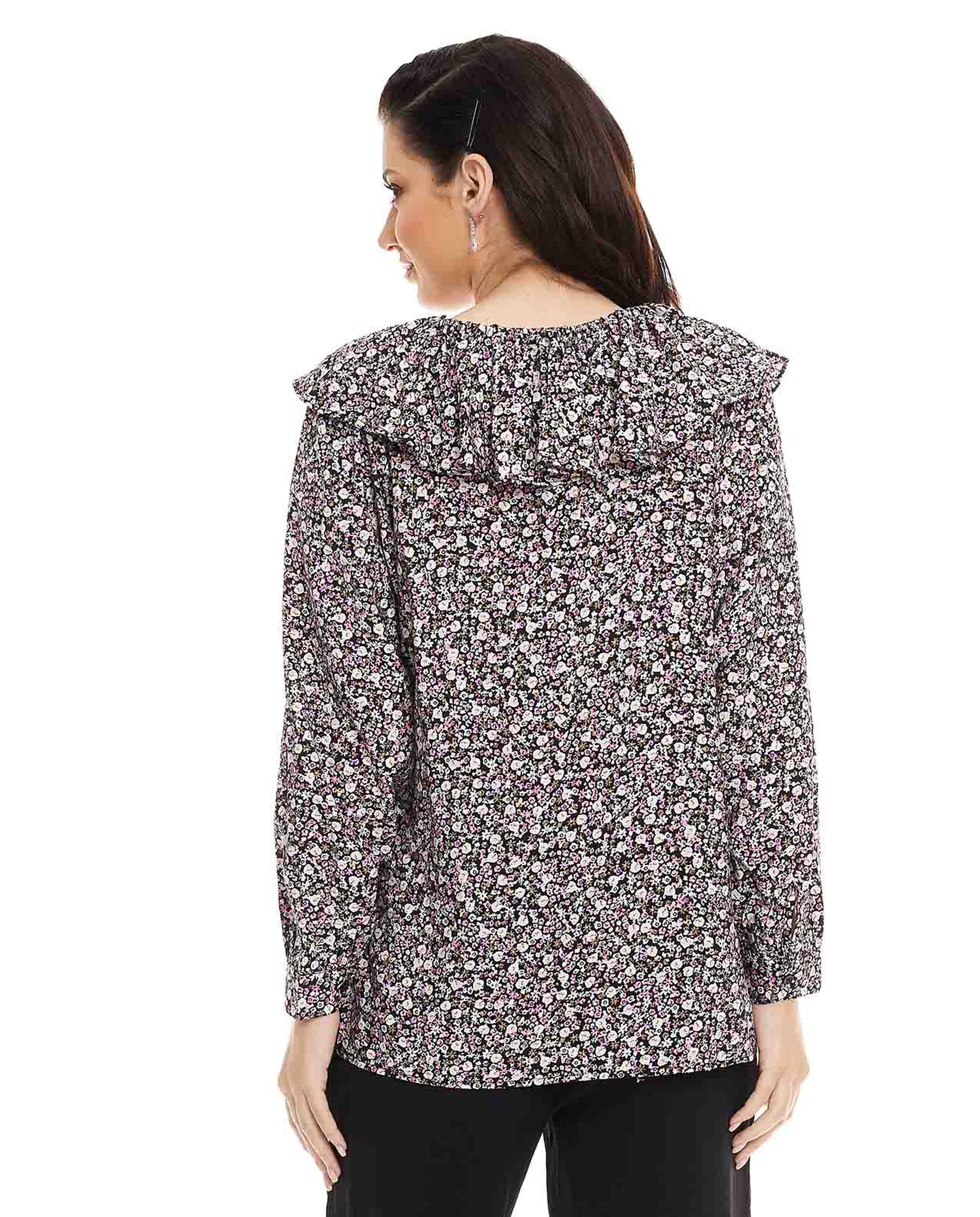 Floral Printed Top with Keyhole Neck and Long Sleeves