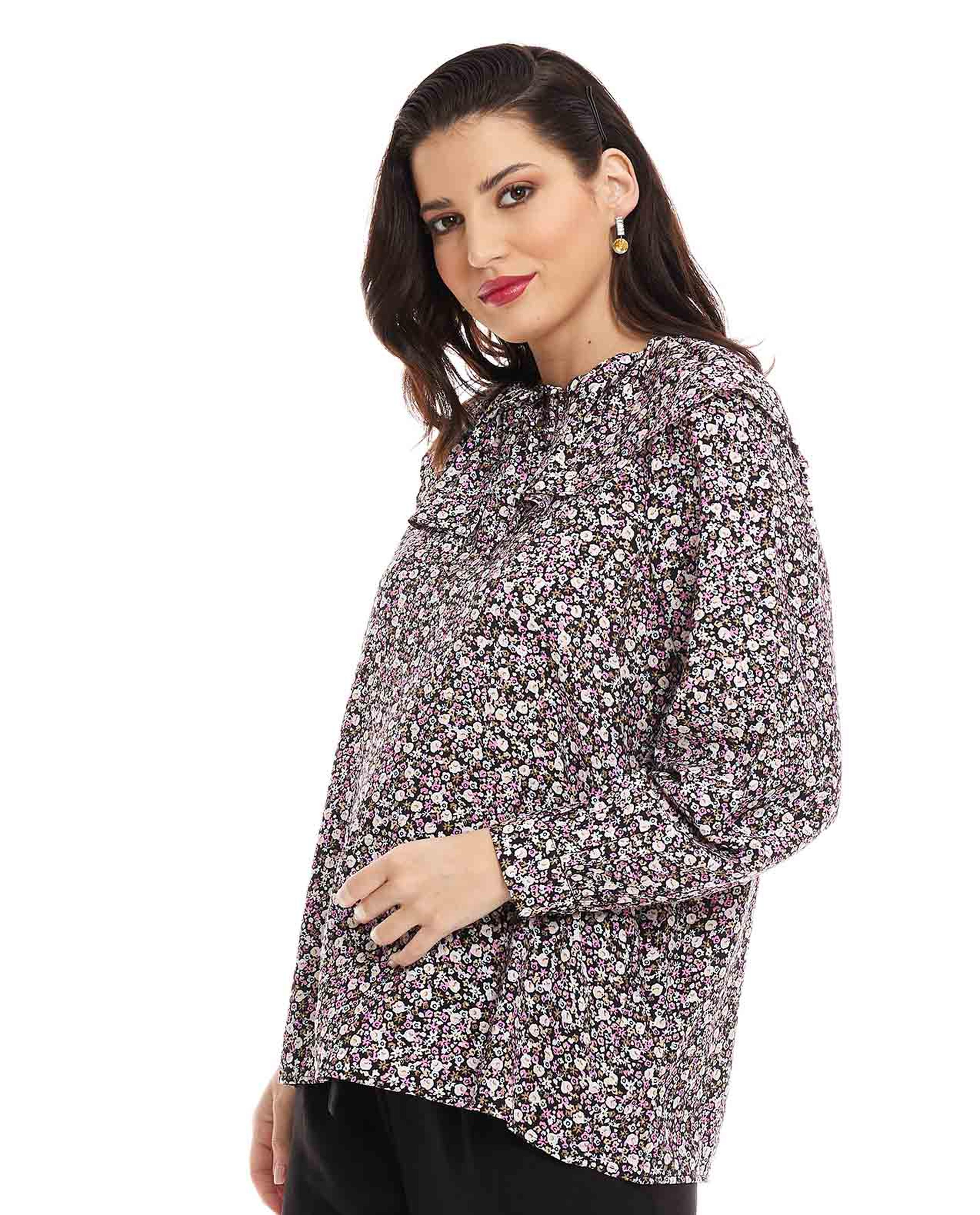 Floral Printed Top with Keyhole Neck and Long Sleeves