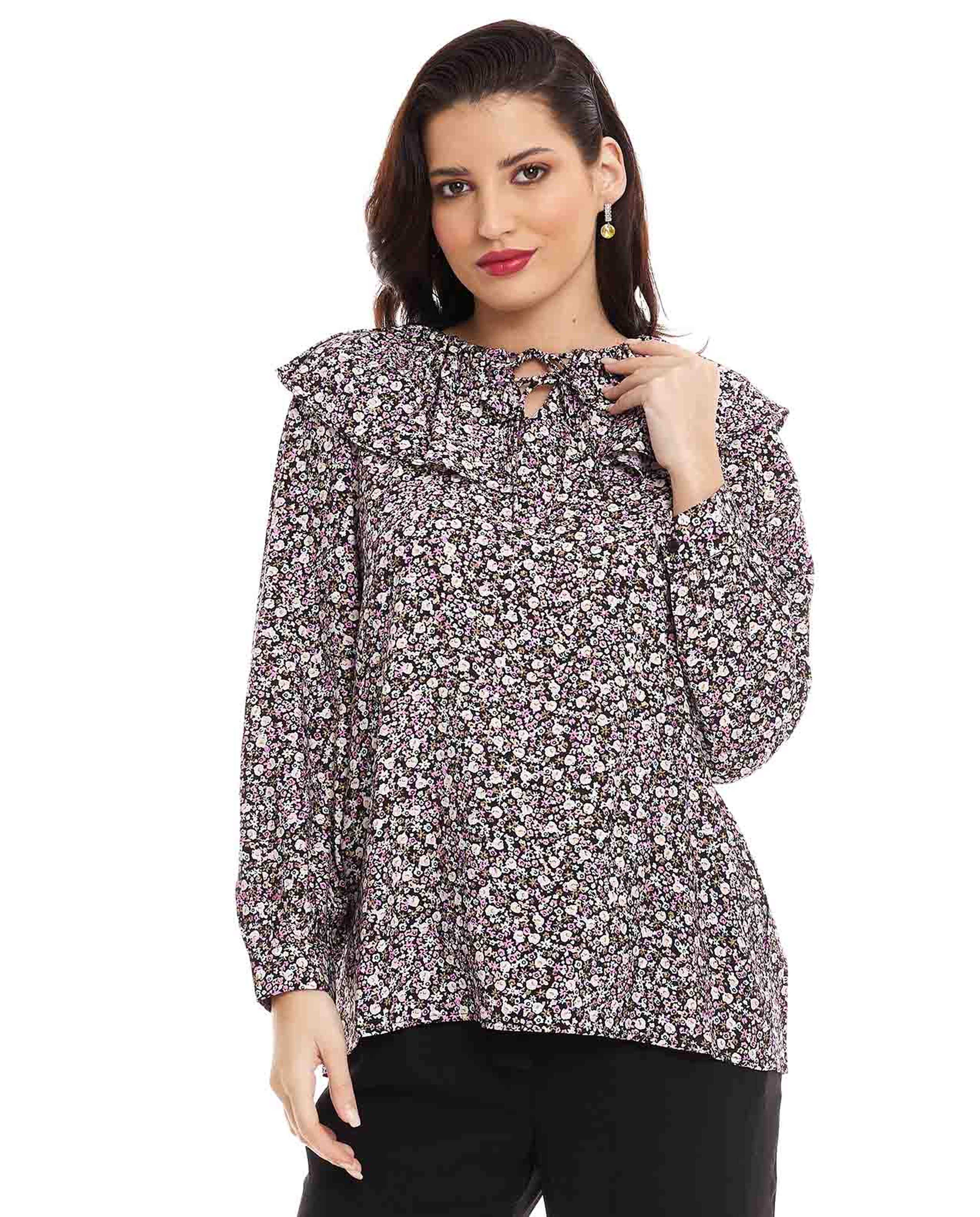 Floral Printed Top with Keyhole Neck and Long Sleeves