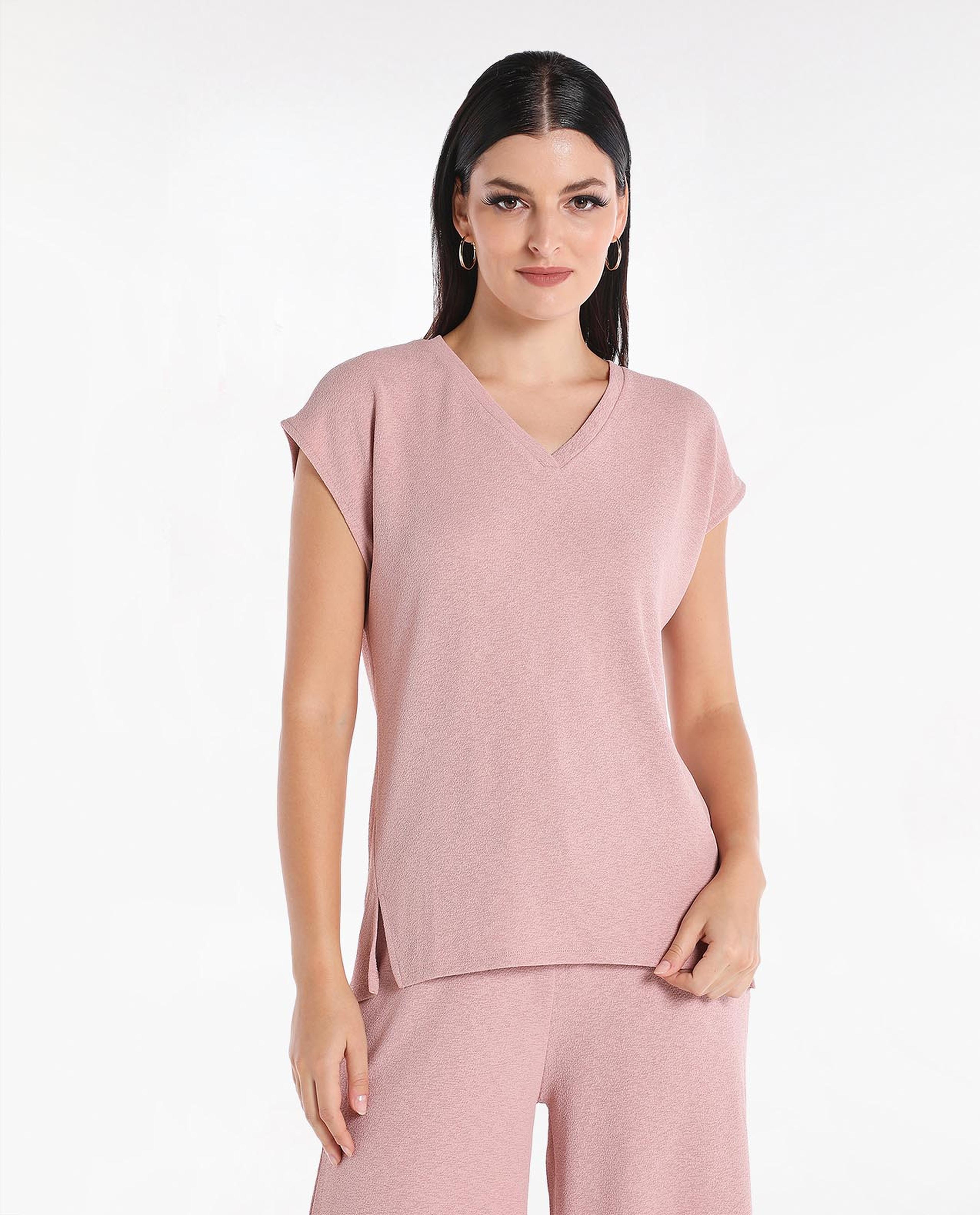 Solid Knit Top with V-Neck and Short Sleeve