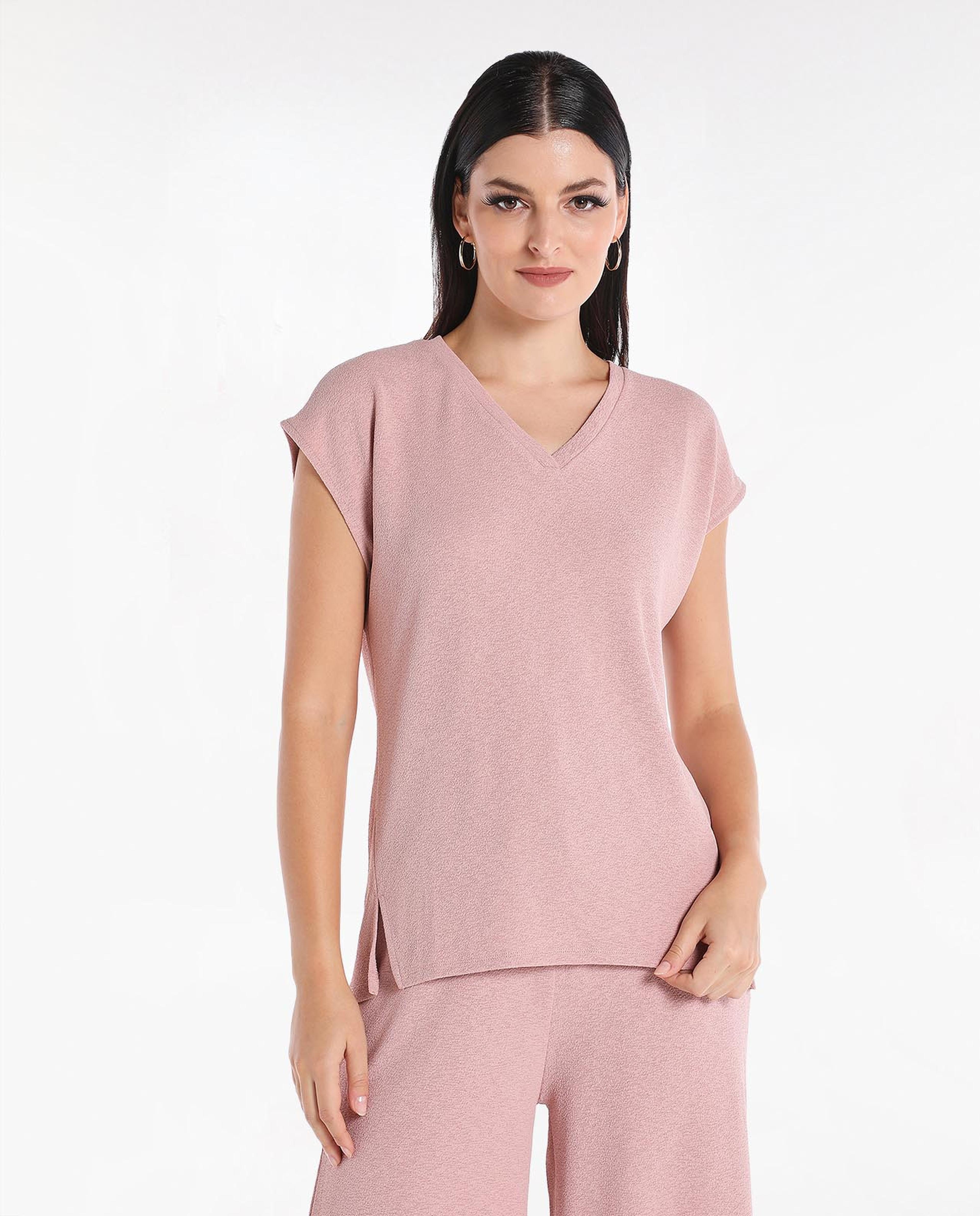Solid Knit Top with V-Neck and Short Sleeve