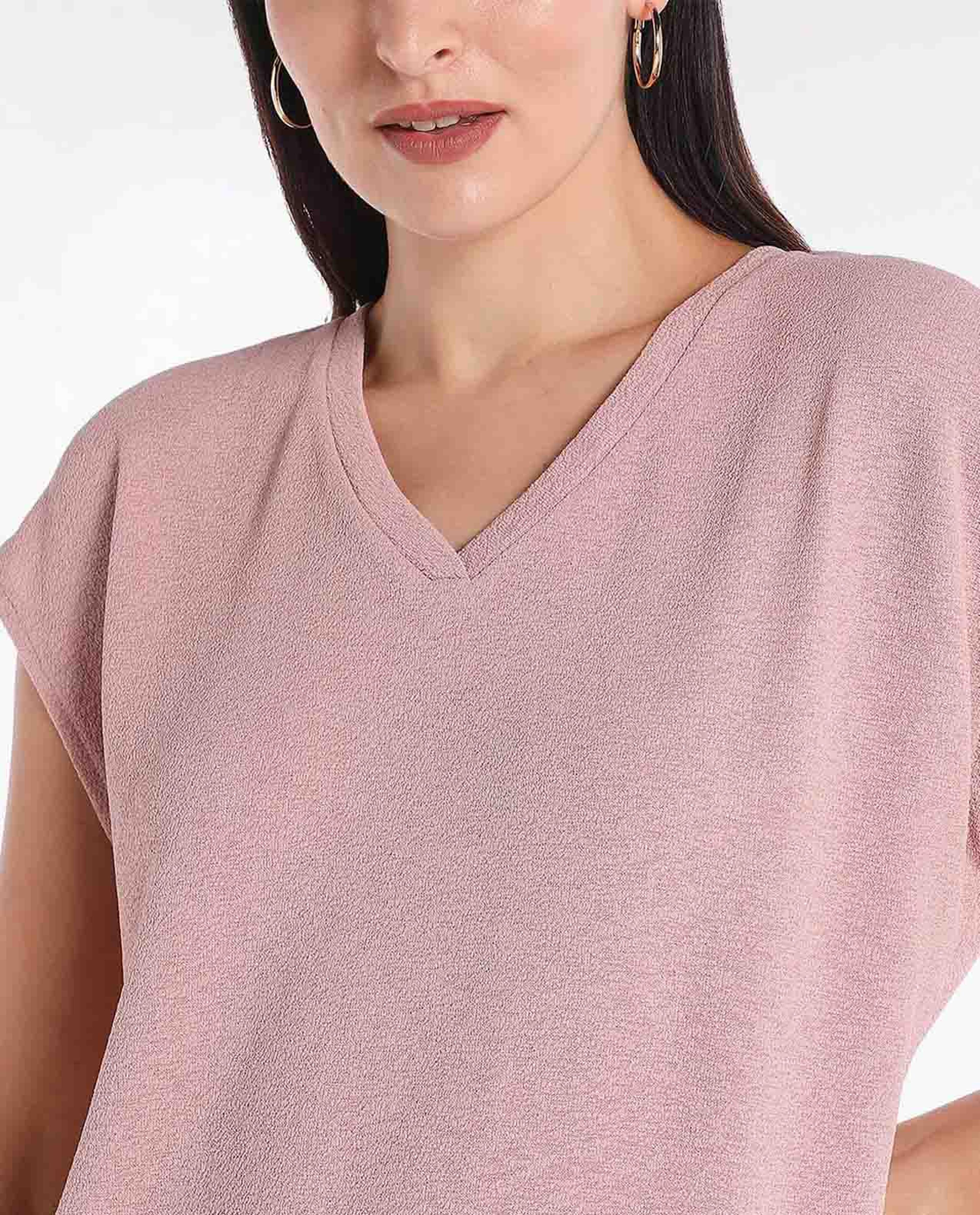 Solid Knit Top with V-Neck and Short Sleeve