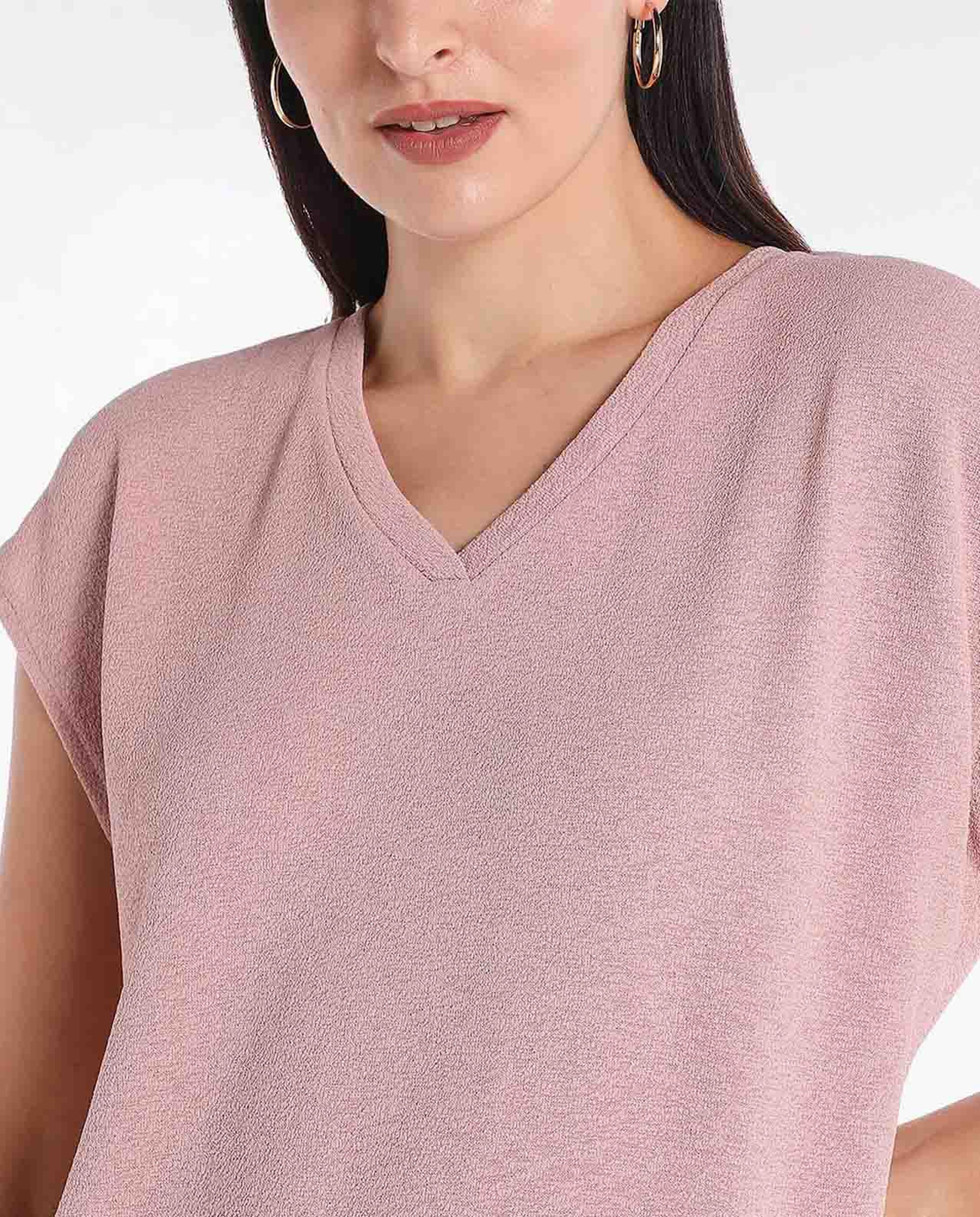 Solid Knit Top with V-Neck and Short Sleeve
