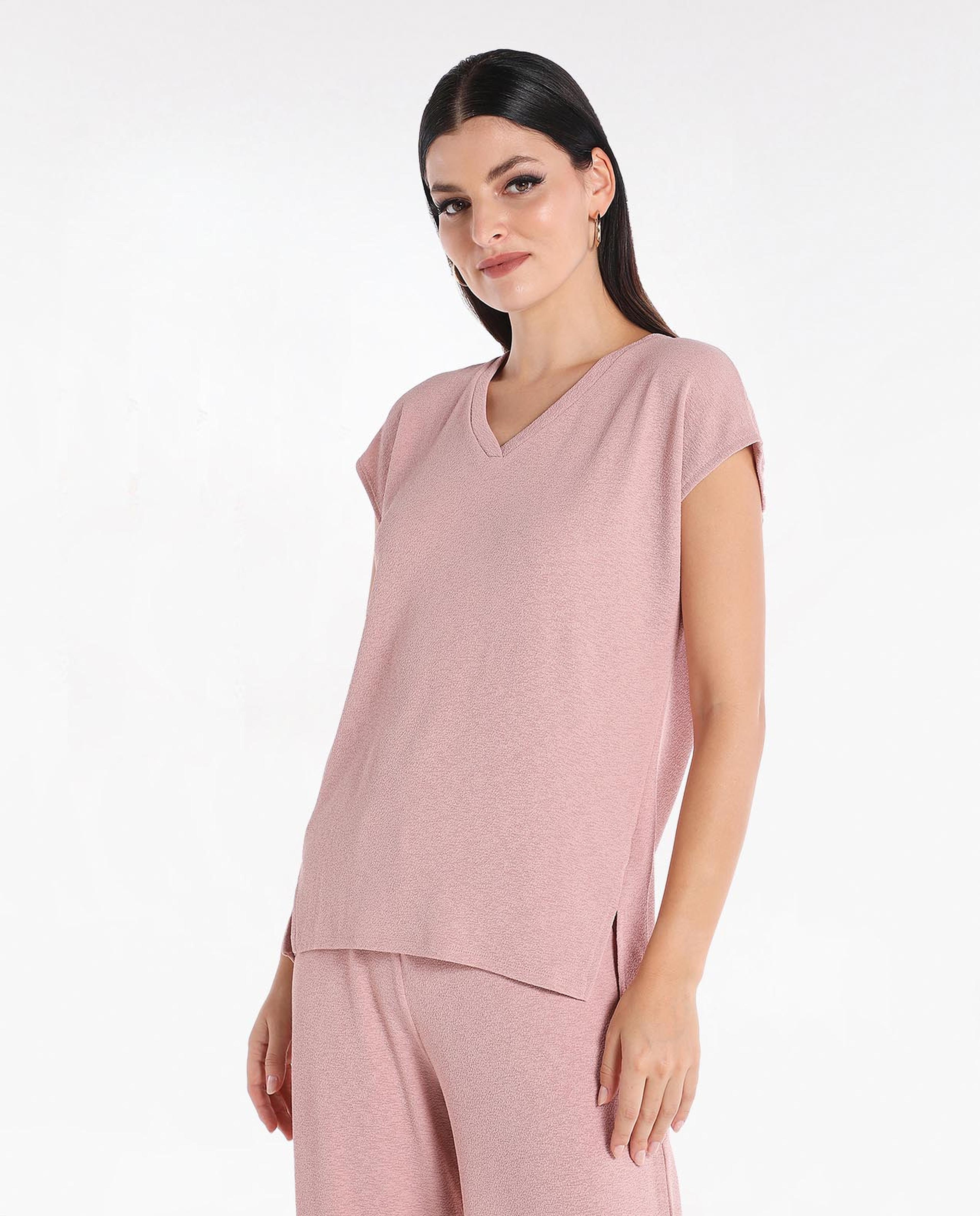 Solid Knit Top with V-Neck and Short Sleeve