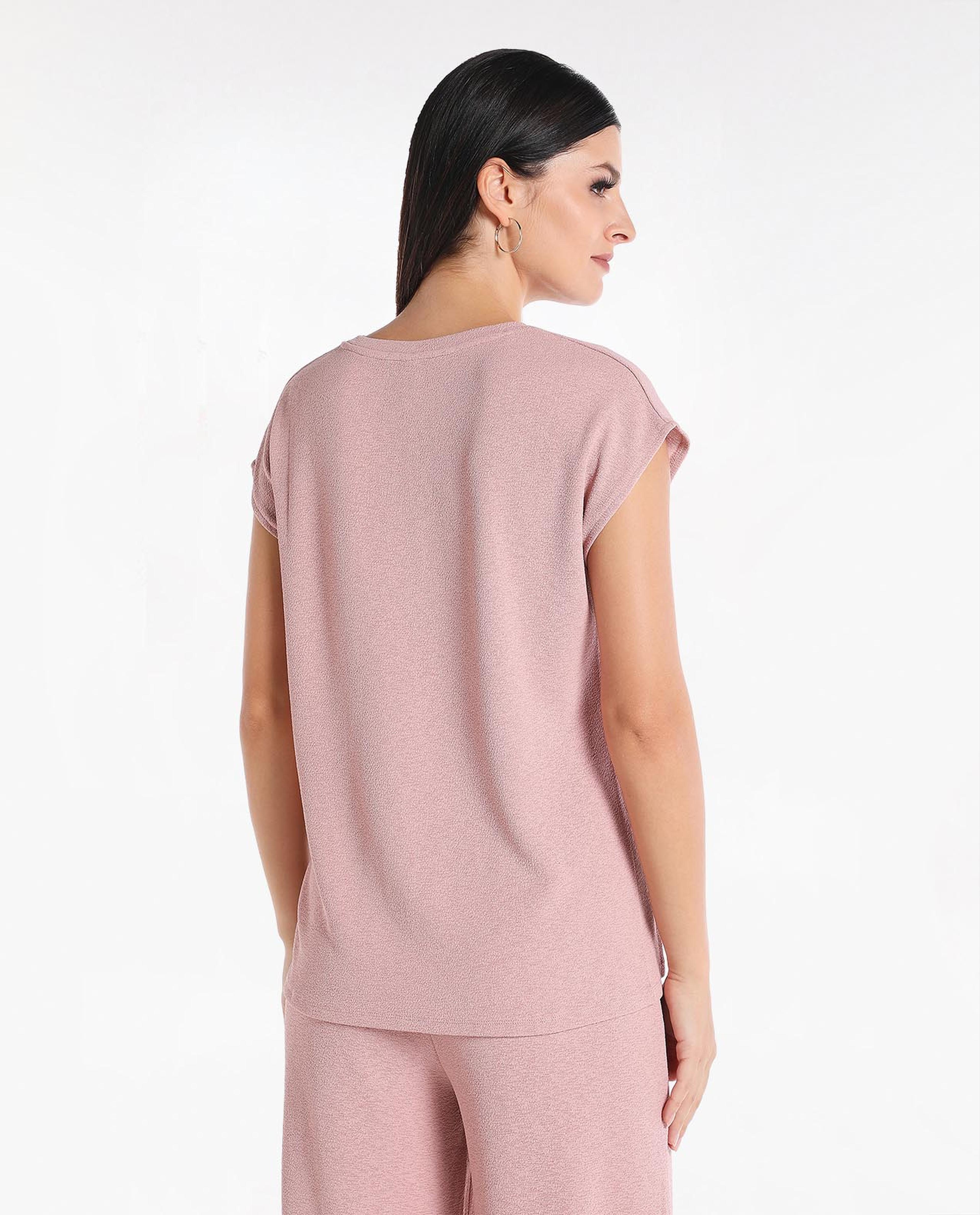 Solid Knit Top with V-Neck and Short Sleeve