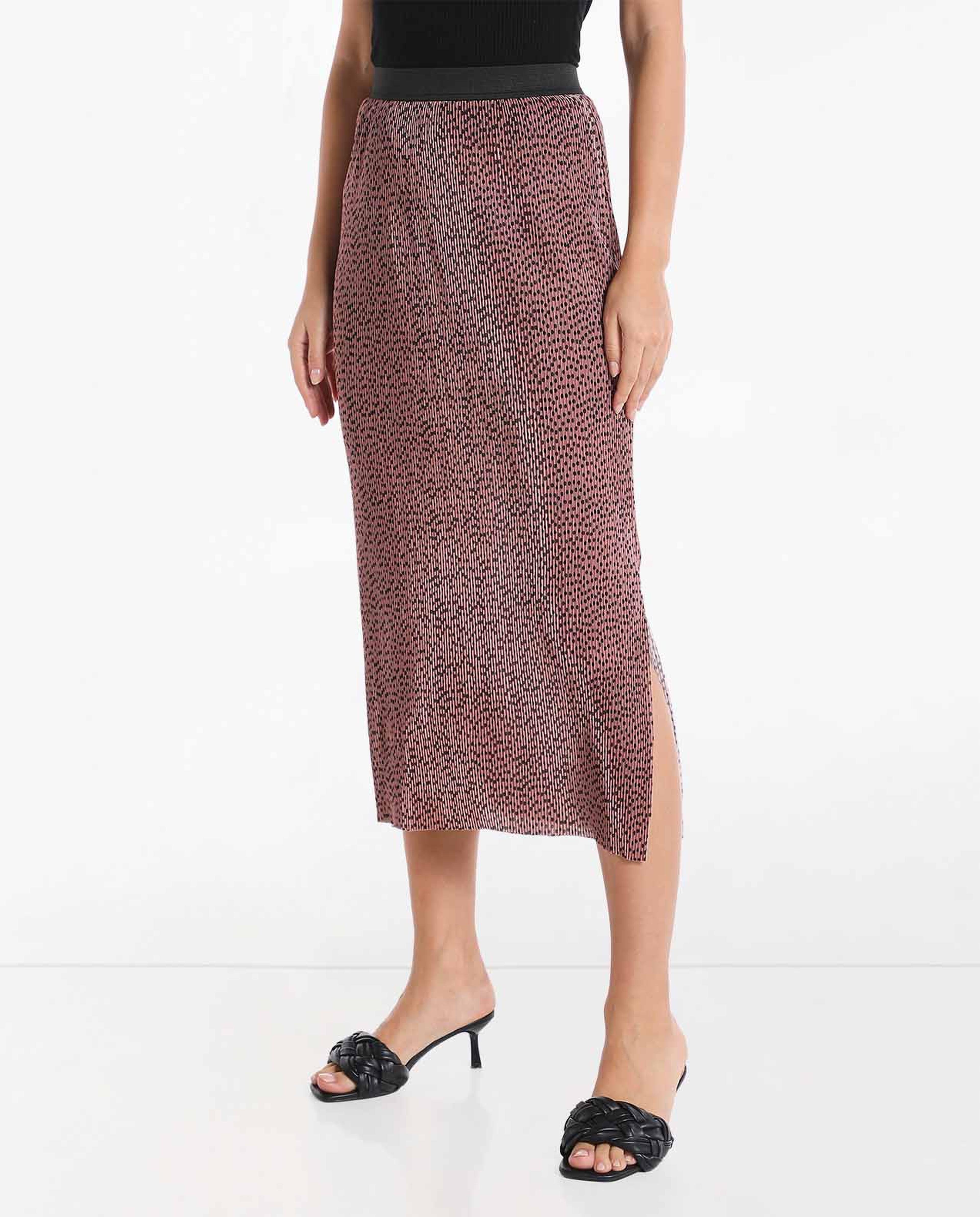 Printed Slit Midi Skirt with Elasticated Waist